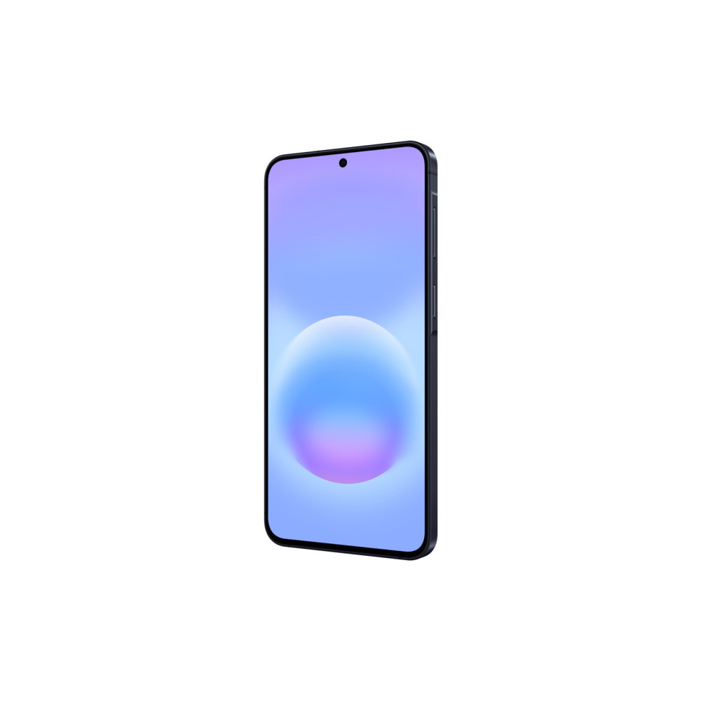 Ciemny smartfon z niebiesko-fioletową tapetą.
