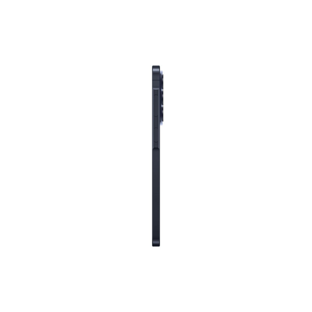 Ciemnoniebieski smartfon w profilu na białym tle z widocznymi przyciskami z boku.