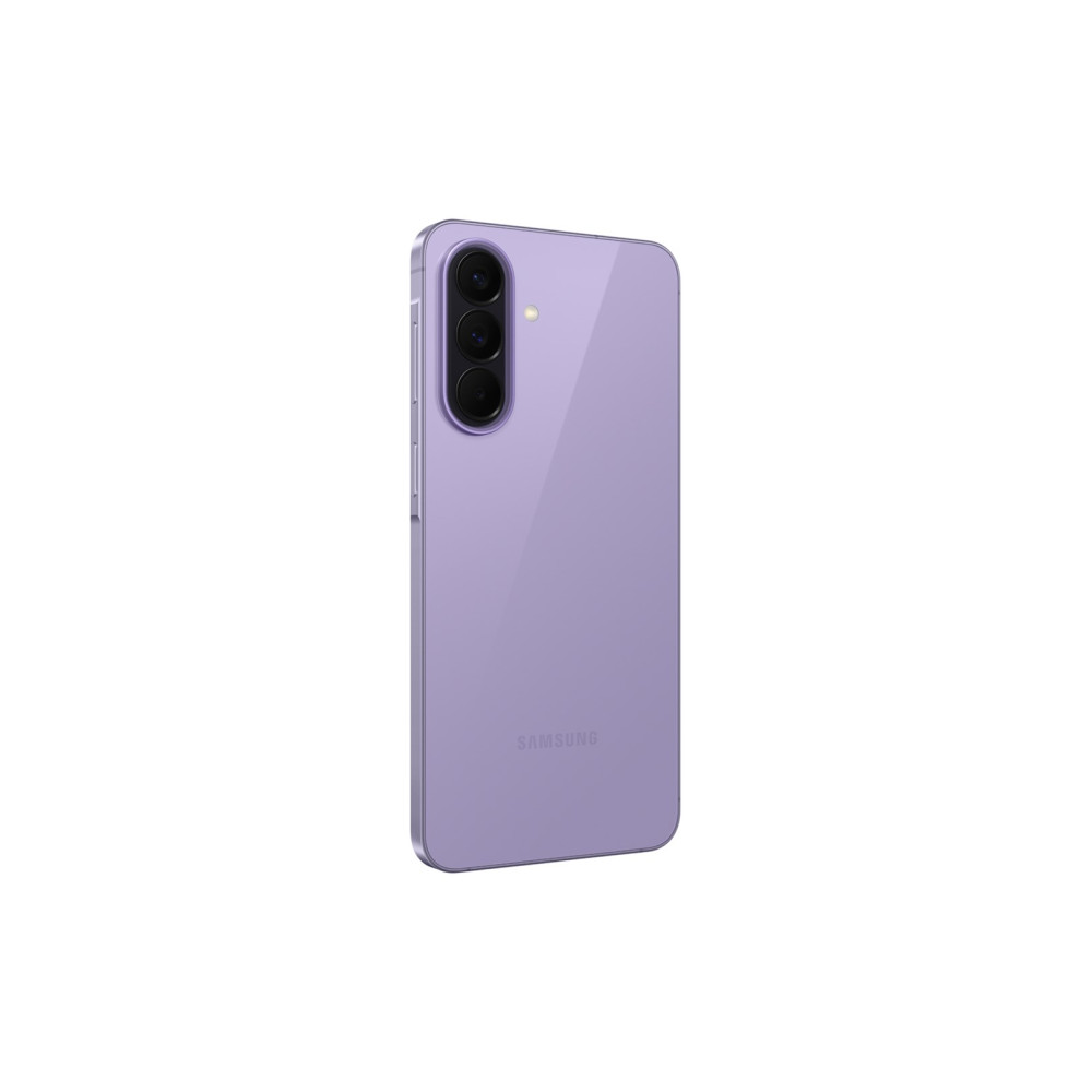 Fioletowy smartfon Samsung widziany od tyłu, z trzema obiektywami i logo.