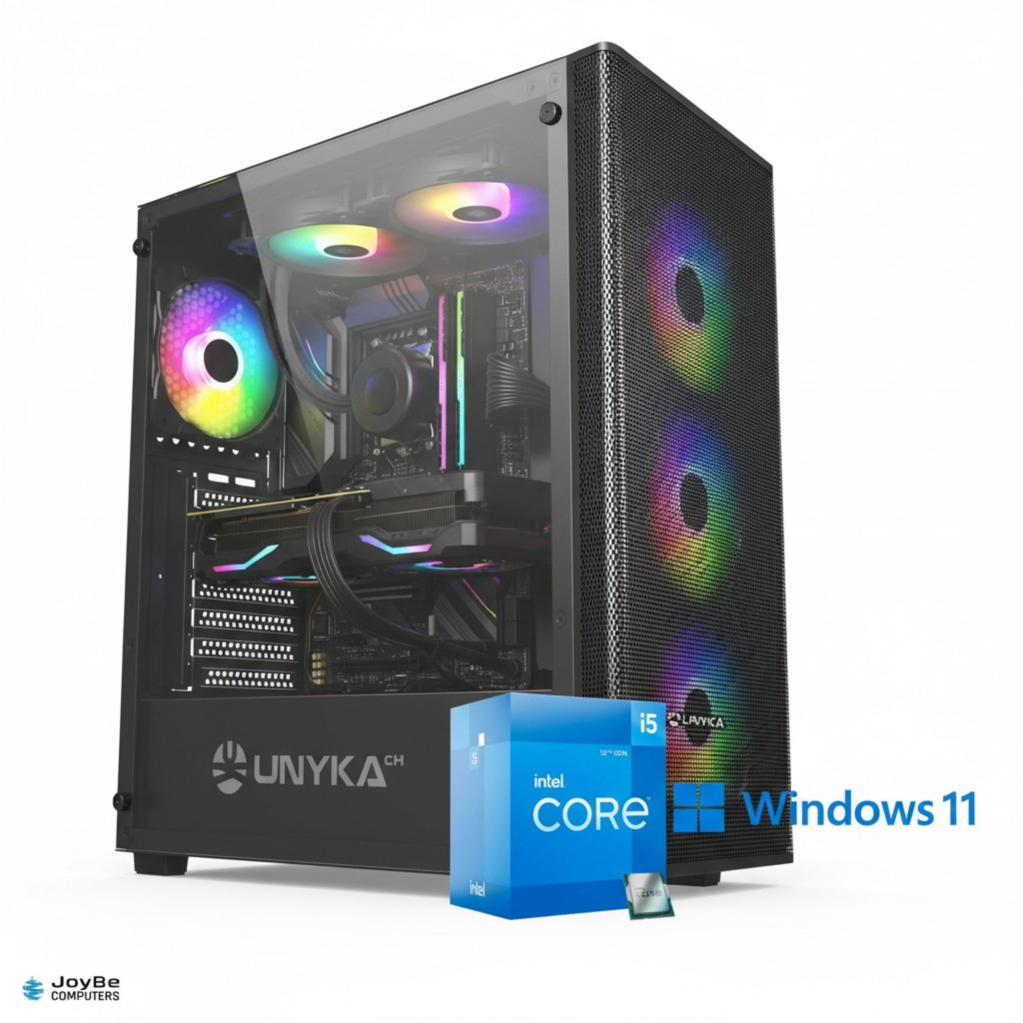 Una torre de PC negra con ventiladores RGB, caja Intel Core i5 y Windows 11.