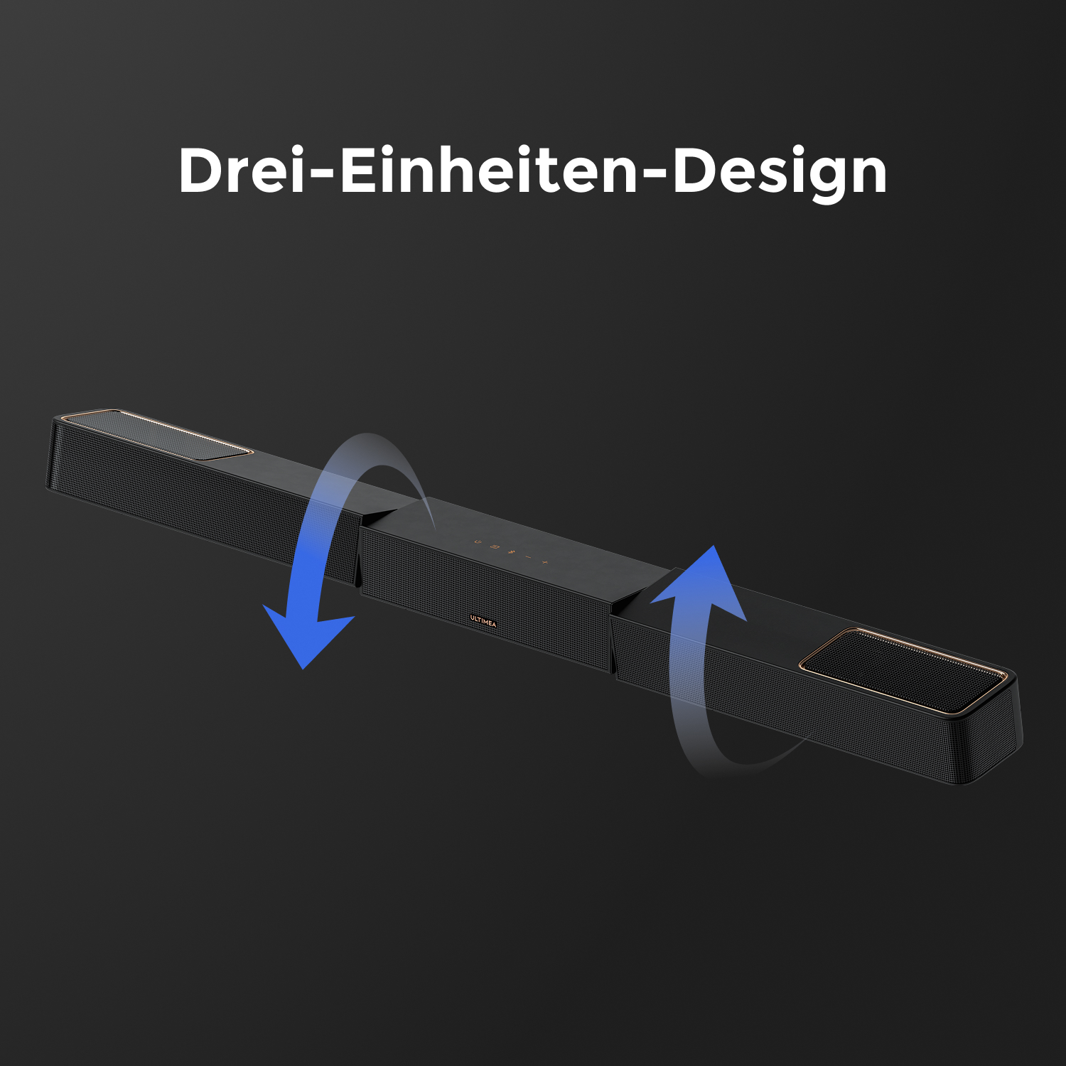 Schwarzer Soundbar mit drei Einheiten und blauen Pfeilen, die Trennung anzeigen.