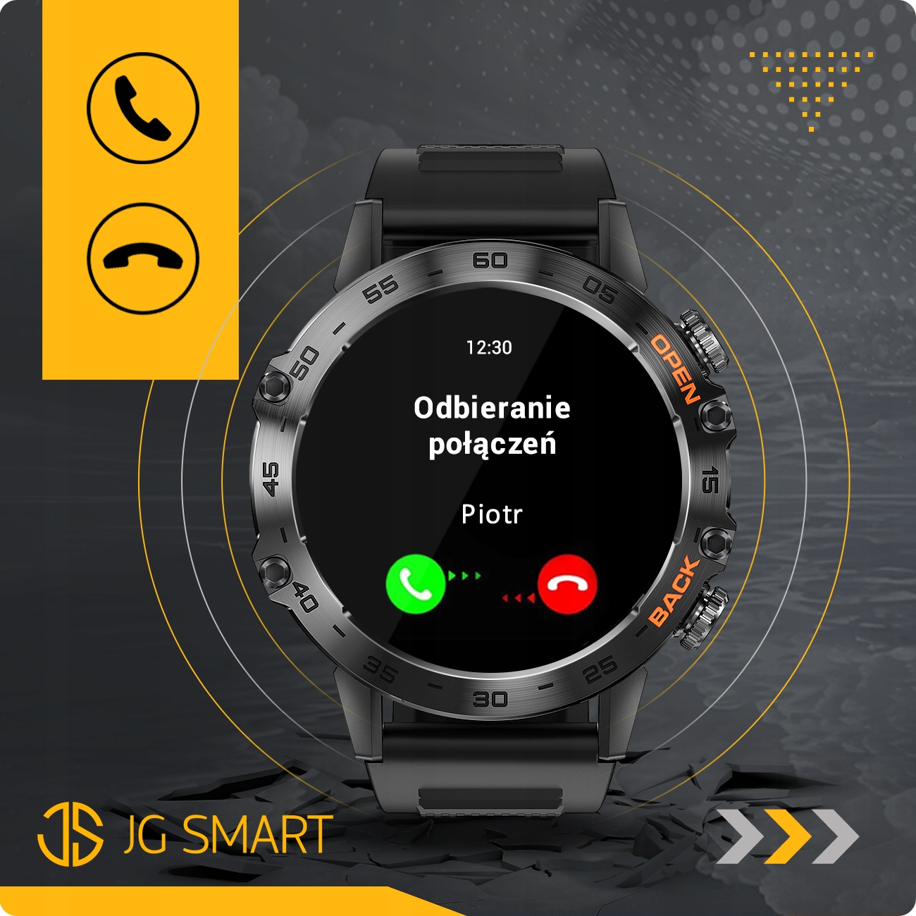 Smartwatch pokazuje połączenie przychodzące od Piotra. Opcje: Odbierz/Odrzuć.