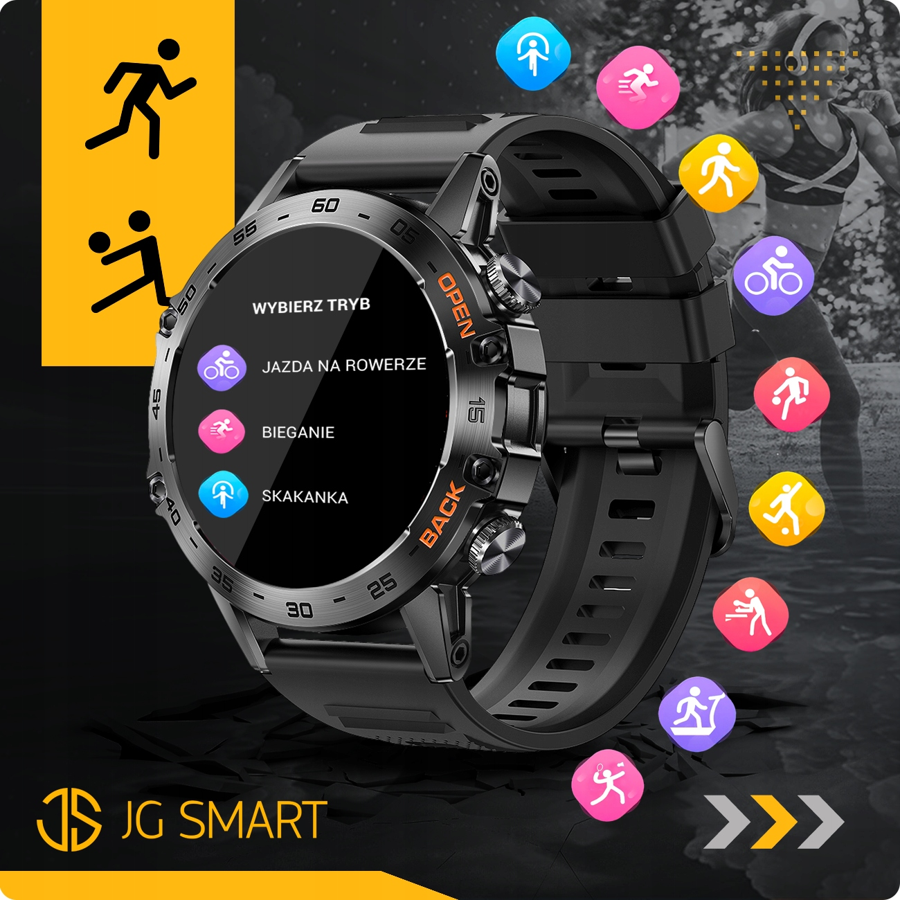 Czarny smartwatch z ikonami sportowymi i polskim menu dla kolarstwa, biegania, skakania.