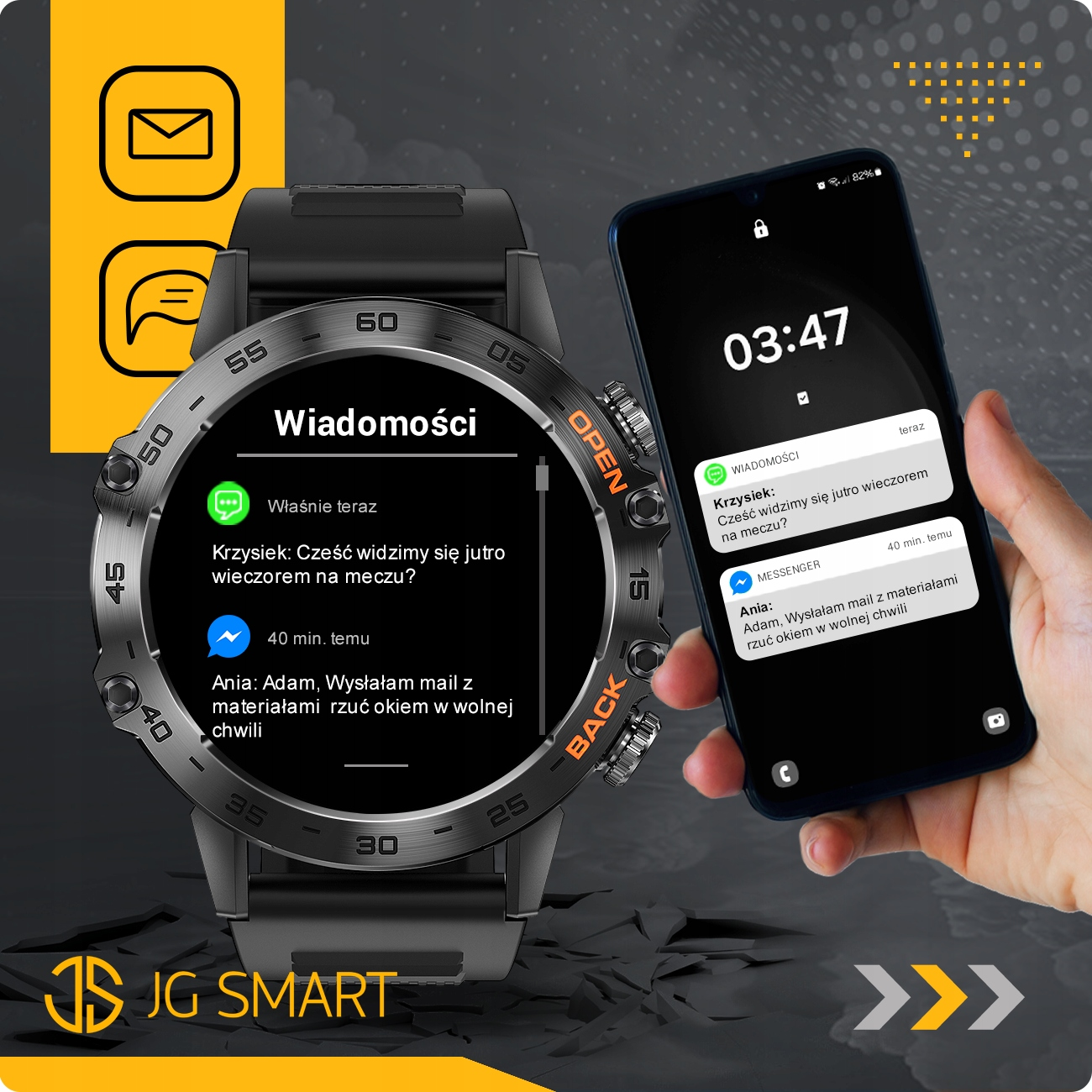 Smartwatch i smartfon wyświetlają wiadomości. Smartwatch pokazuje „Wiadomości”.