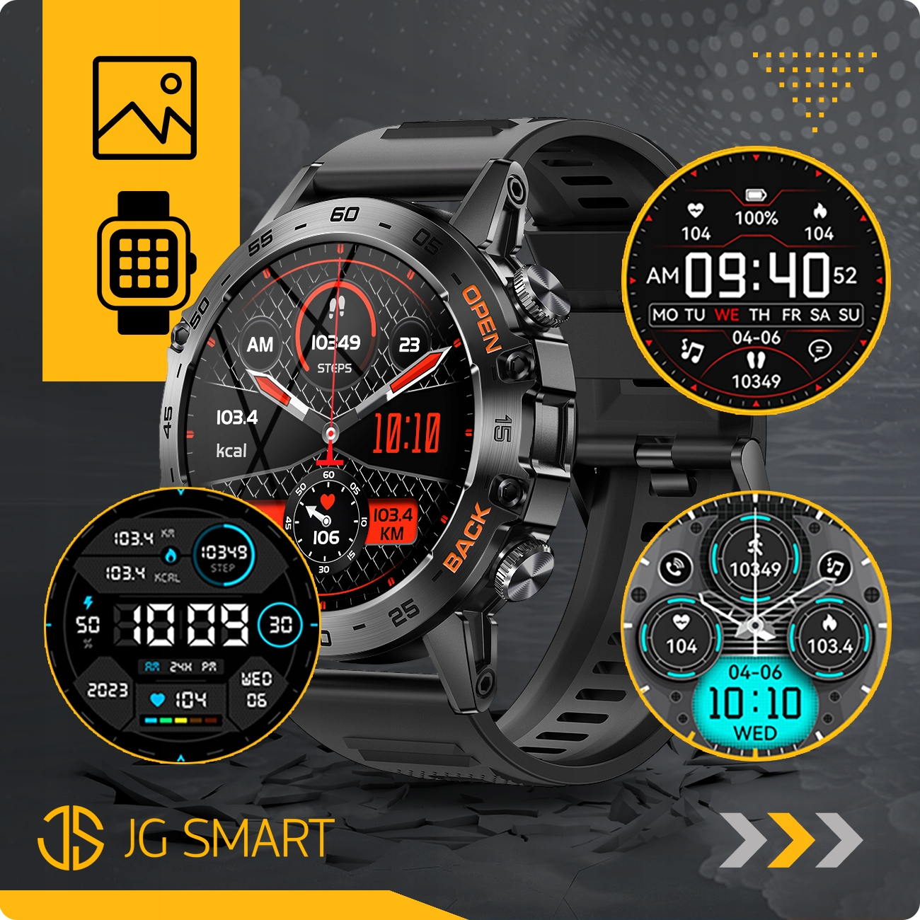 Czarny smartwatch wyświetlający wiele tarcz z liczbą kroków, kaloriami, godziną i datą.