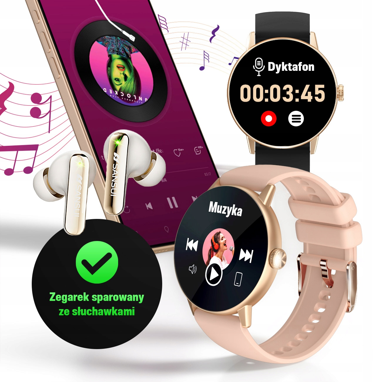 Złote smartwatche, białe słuchawki i smartfon z aplikacją muzyczną.