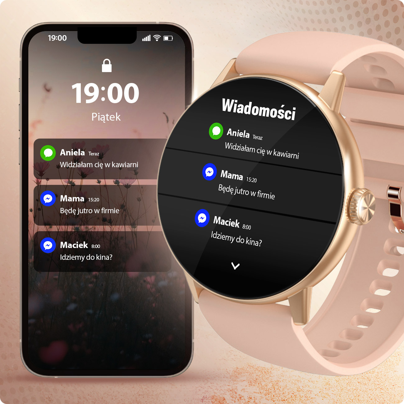 Smartwatch i smartfon wyświetlają wiadomości. Zegarek pokazuje 'Wiadomości'.