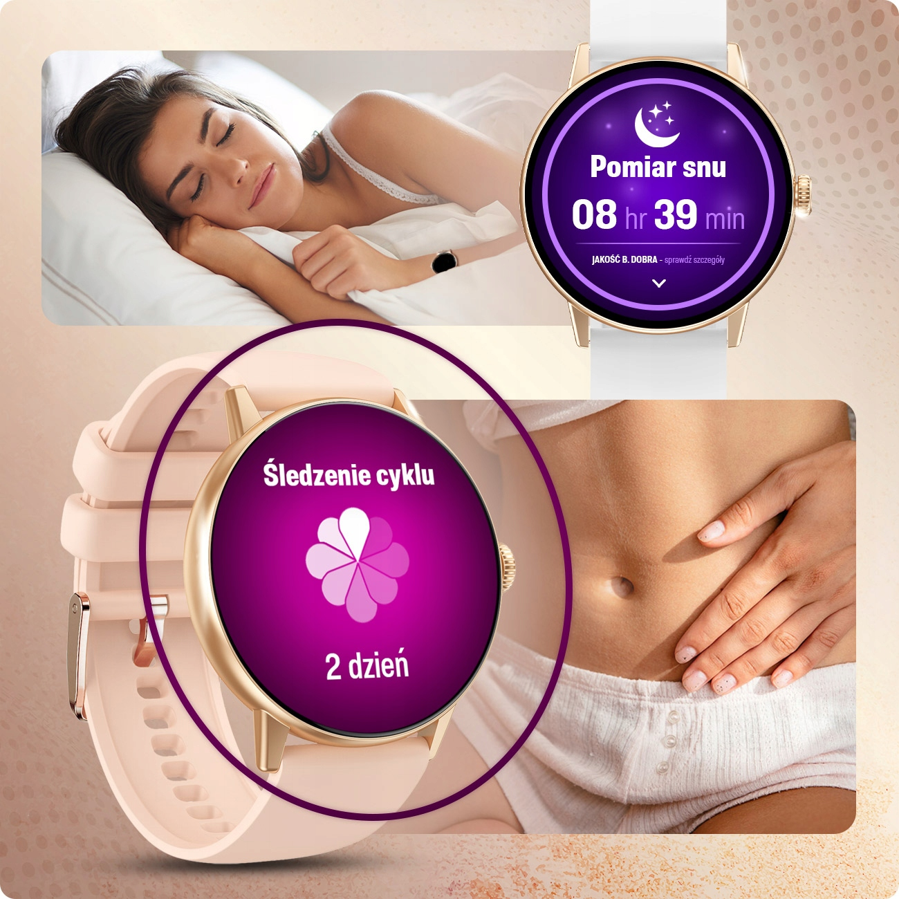 Kobieta śpi, smartwatch pokazuje czas snu i śledzenie cyklu.