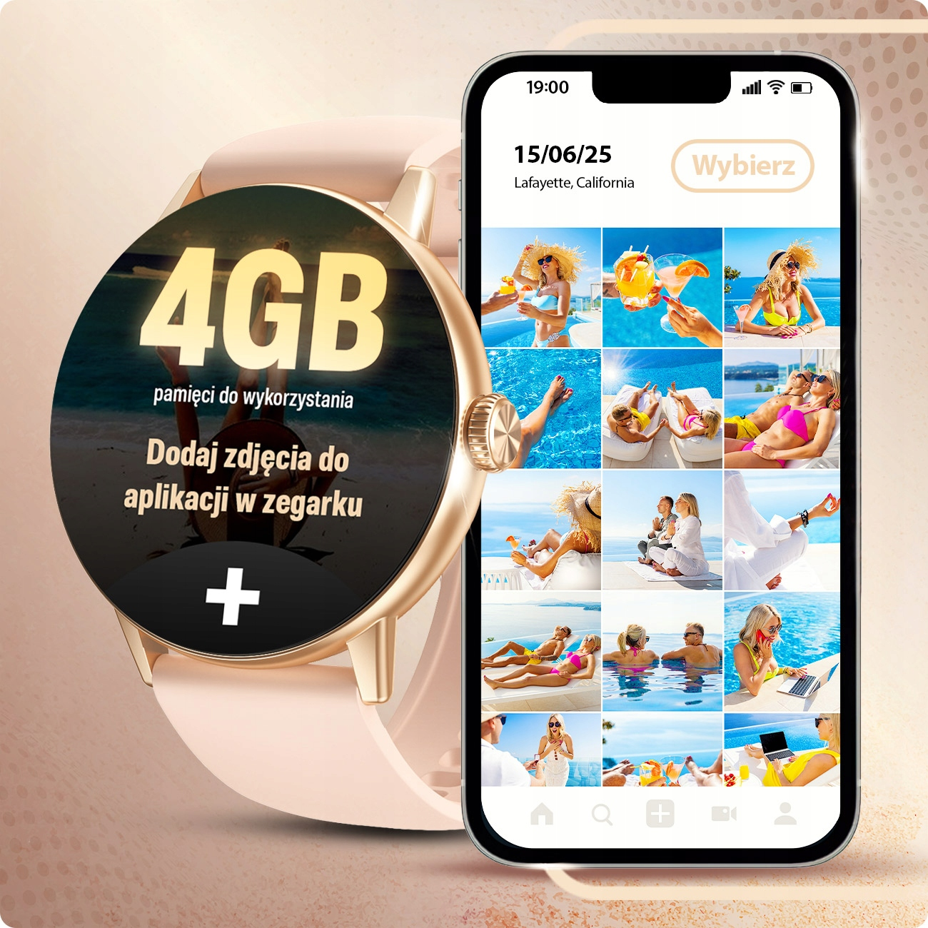 Smartwatch z pamięcią 4GB i telefonem wyświetlającym zdjęcia z wakacji.