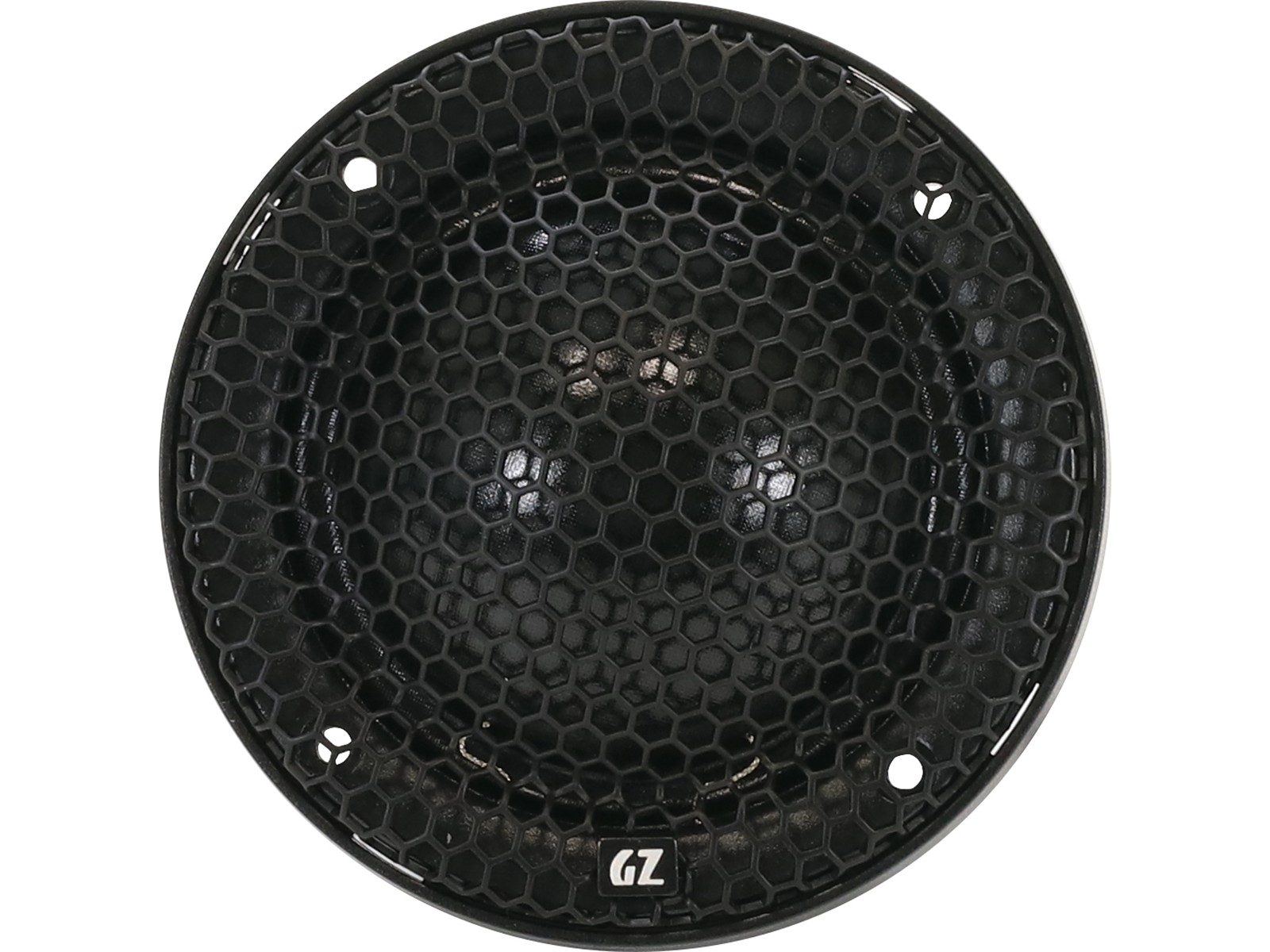 Schwarzer Lautsprecher mit sechseckigem Gitter und GZ-Logo.