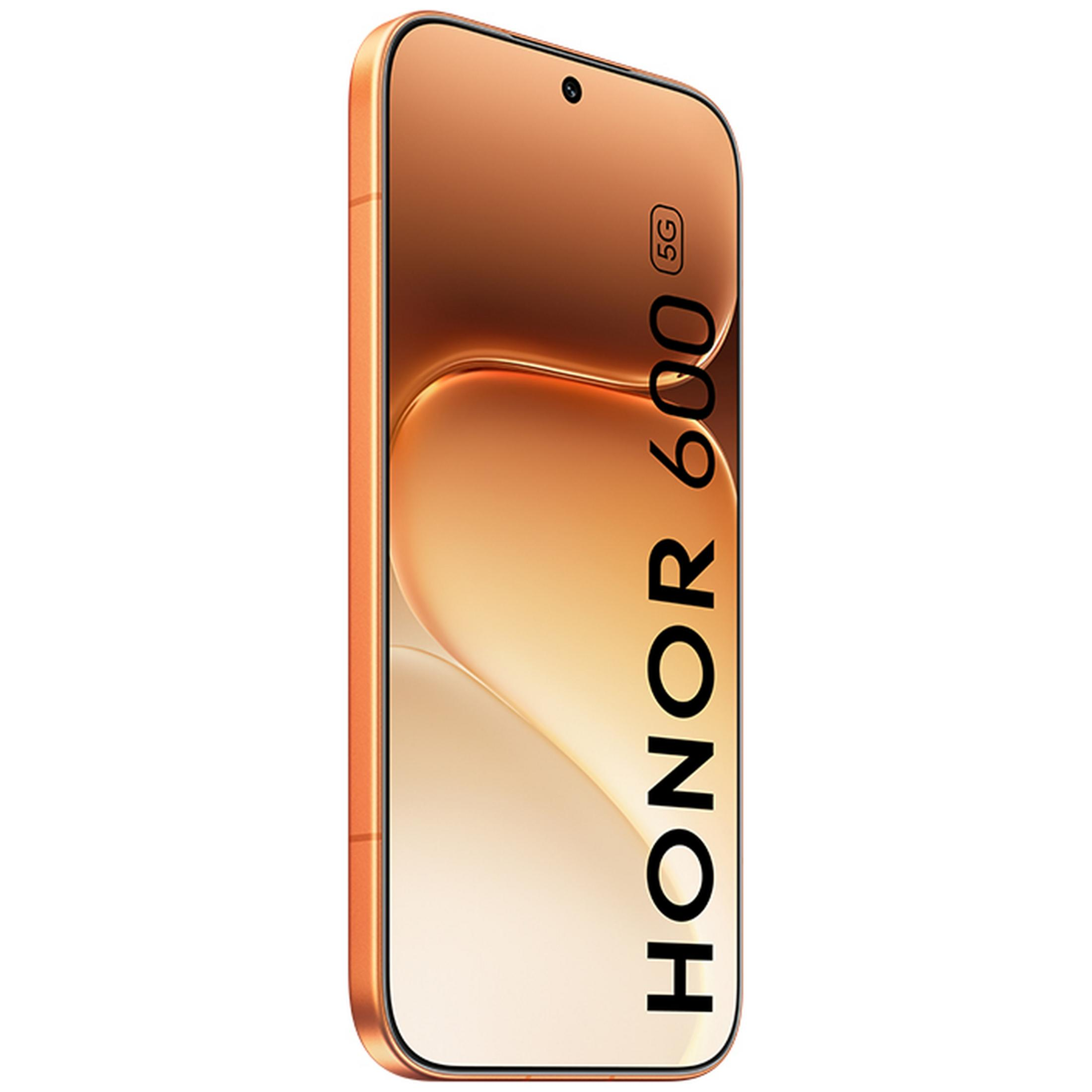 Pomarańczowy smartfon Honor 60 5G z zaokrąglonymi krawędziami.