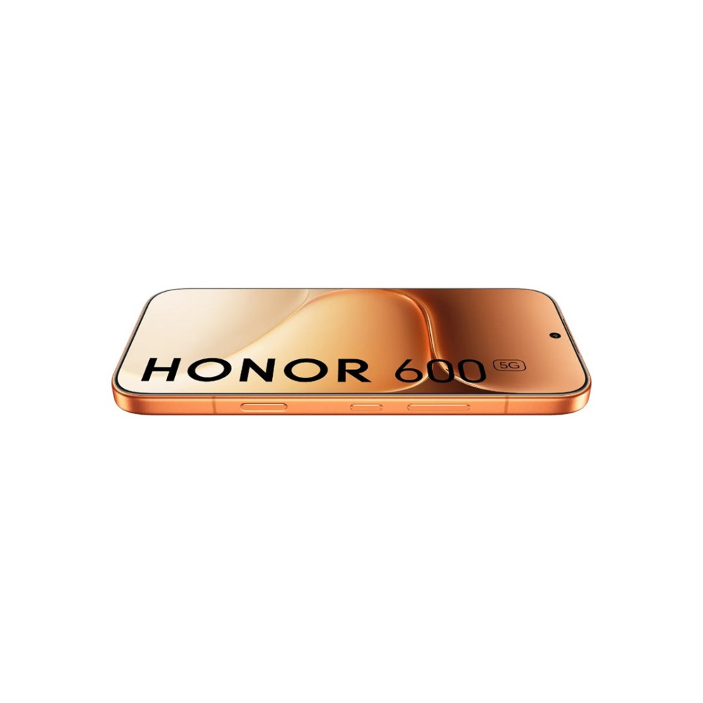 Pomarańczowy smartfon Honor 600 5G leży na boku. Ekran wyświetla abstrakcyjny wzór.