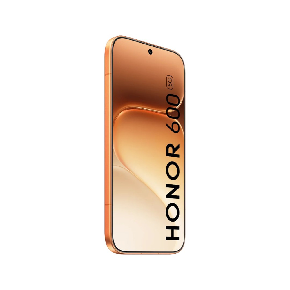 Miedziany smartfon Honor 600 5G, pokazany pod kątem z boku i od przodu.