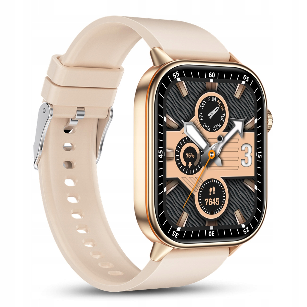Złoty smartwatch z beżowym paskiem. Ekran pokazuje godzinę, dzień, 75% baterii i 7645 kroków.