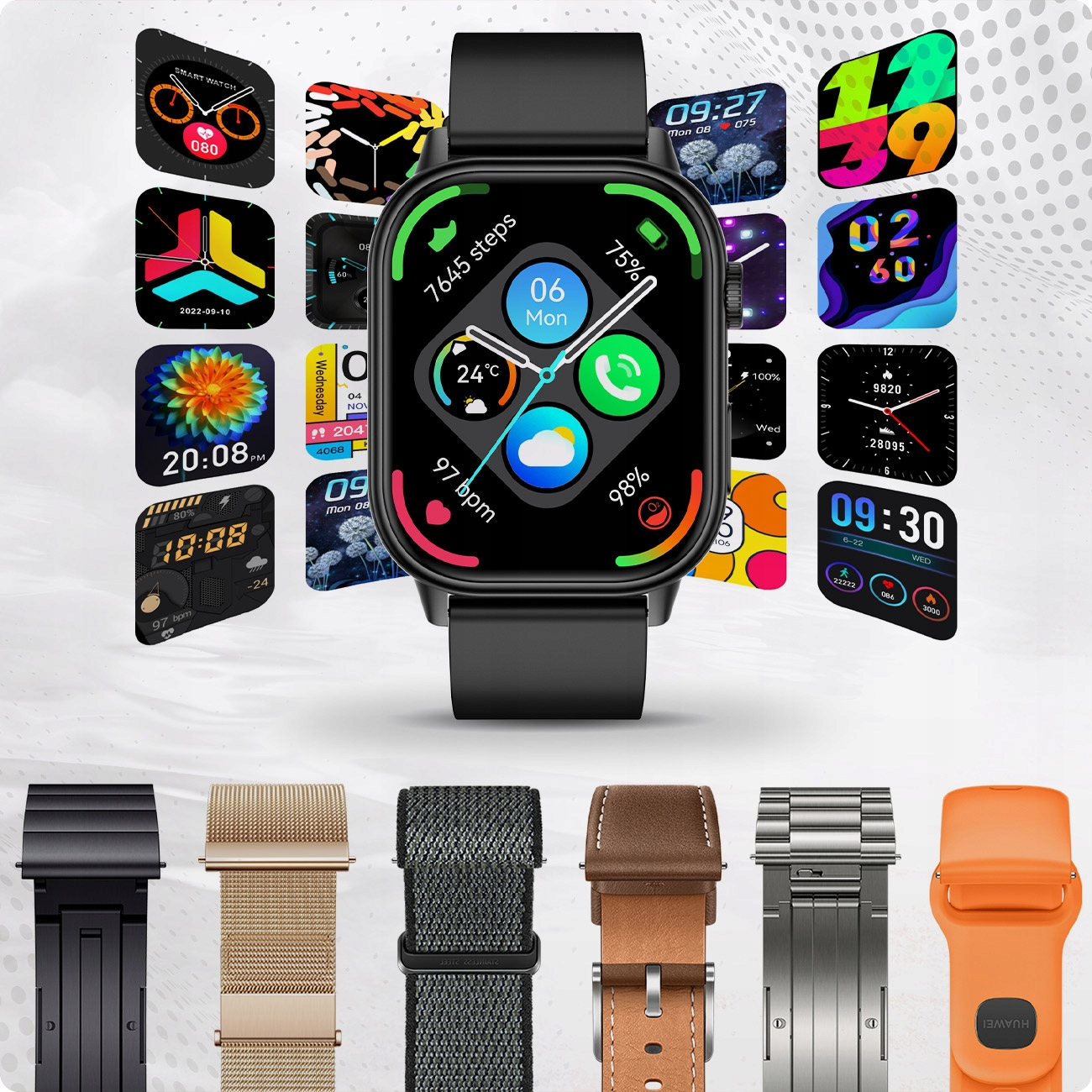 Pokazano smartwatch z różnymi tarczami i wymiennymi paskami.