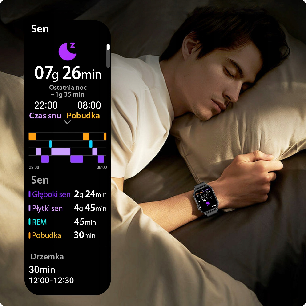 Mężczyzna śpi, smartwatch wyświetla dane snu z godziną i czasem trwania.