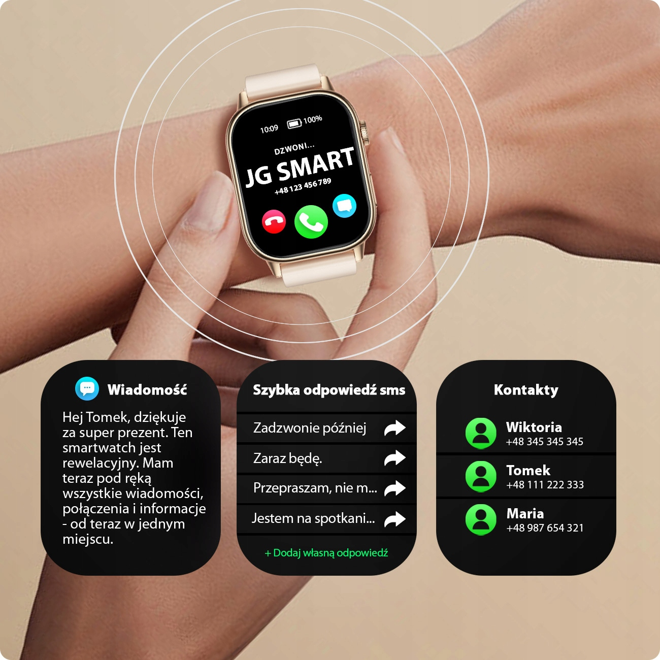 Złoty smartwatch wyświetla połączenie przychodzące od JG SMART.