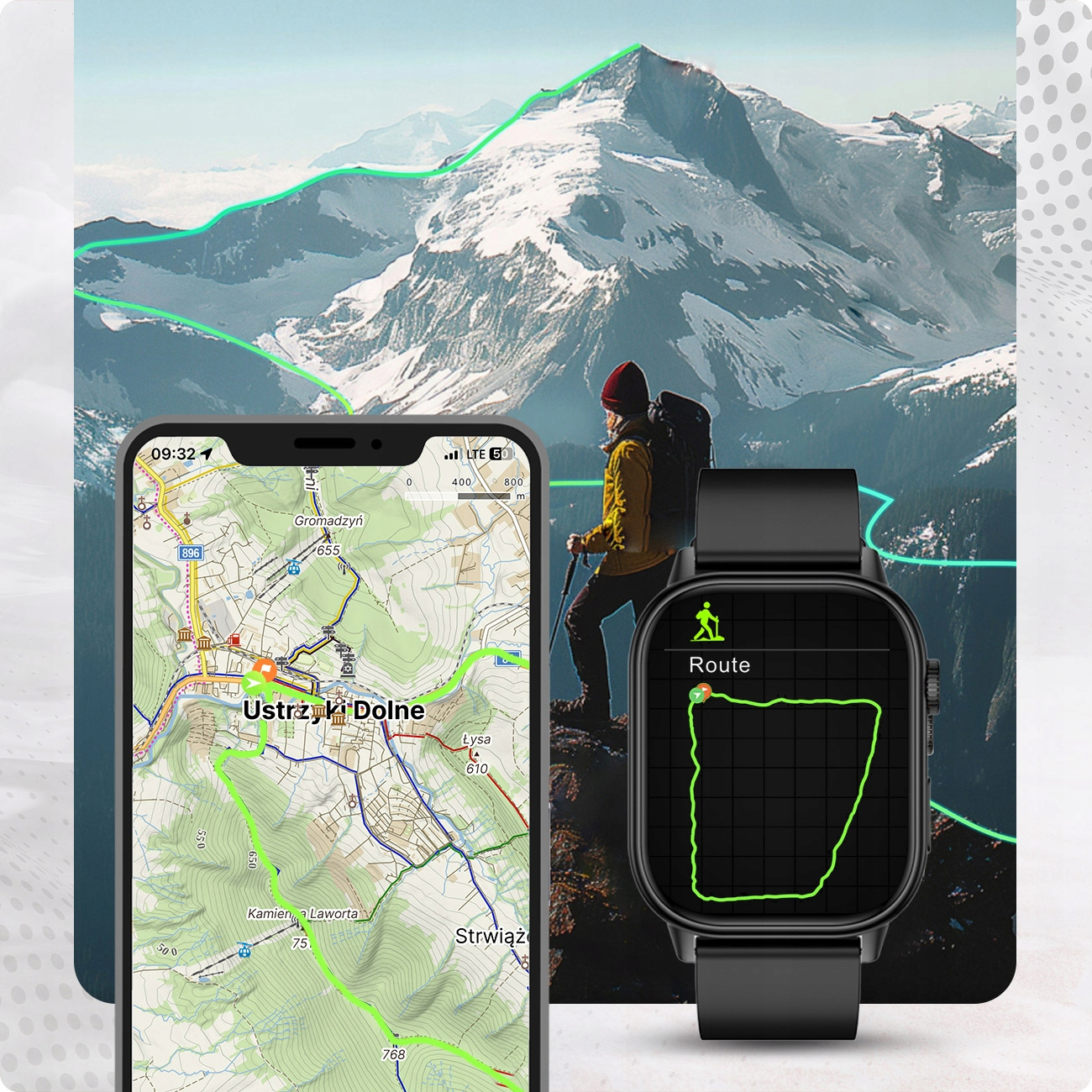 Turysta z plecakiem i kijami stoi na górze, patrząc na mapy w telefonie i na smartwatchu.