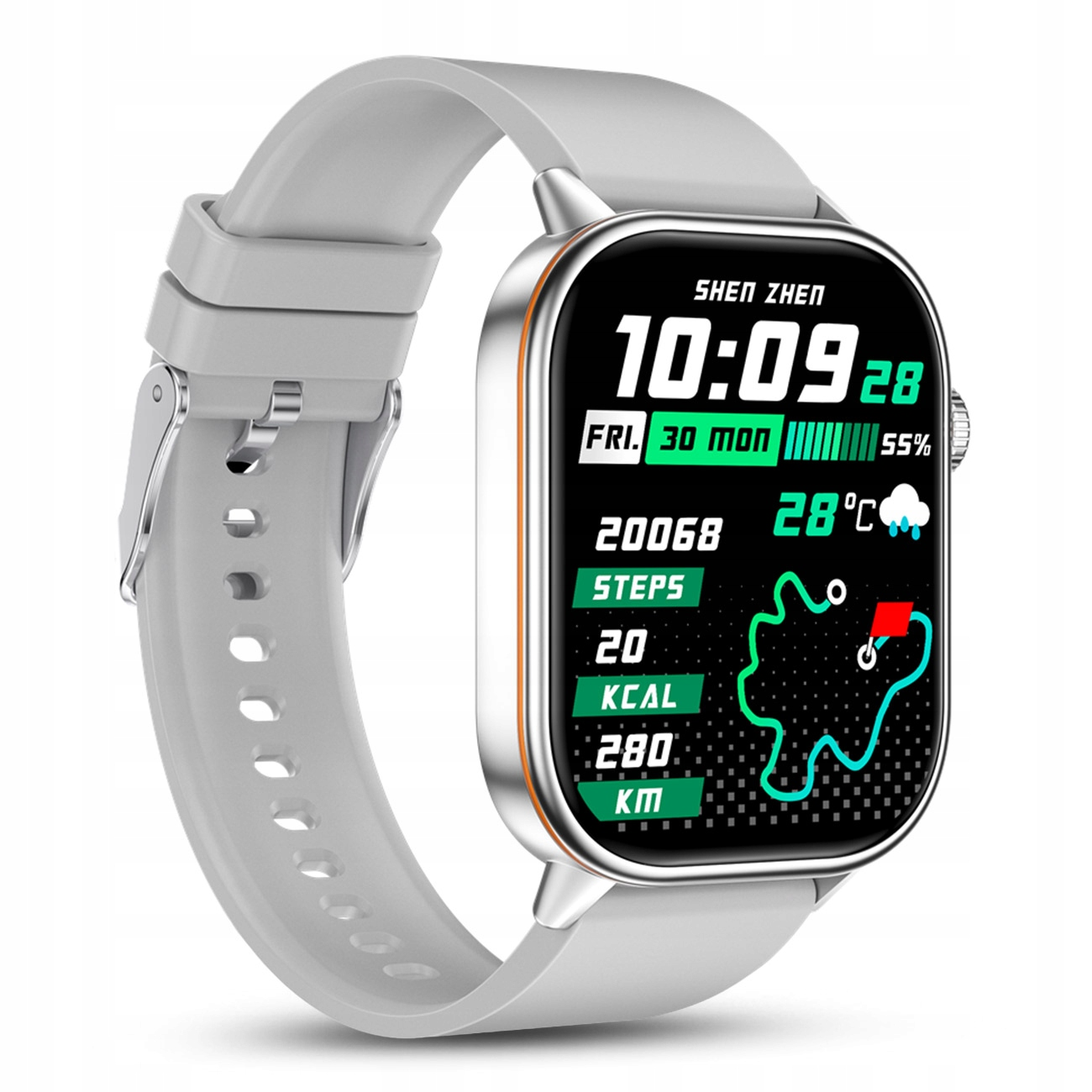 Szara smartwatch ze srebrną ramką, wyświetla czas, datę, kroki, kalorie i pogodę.