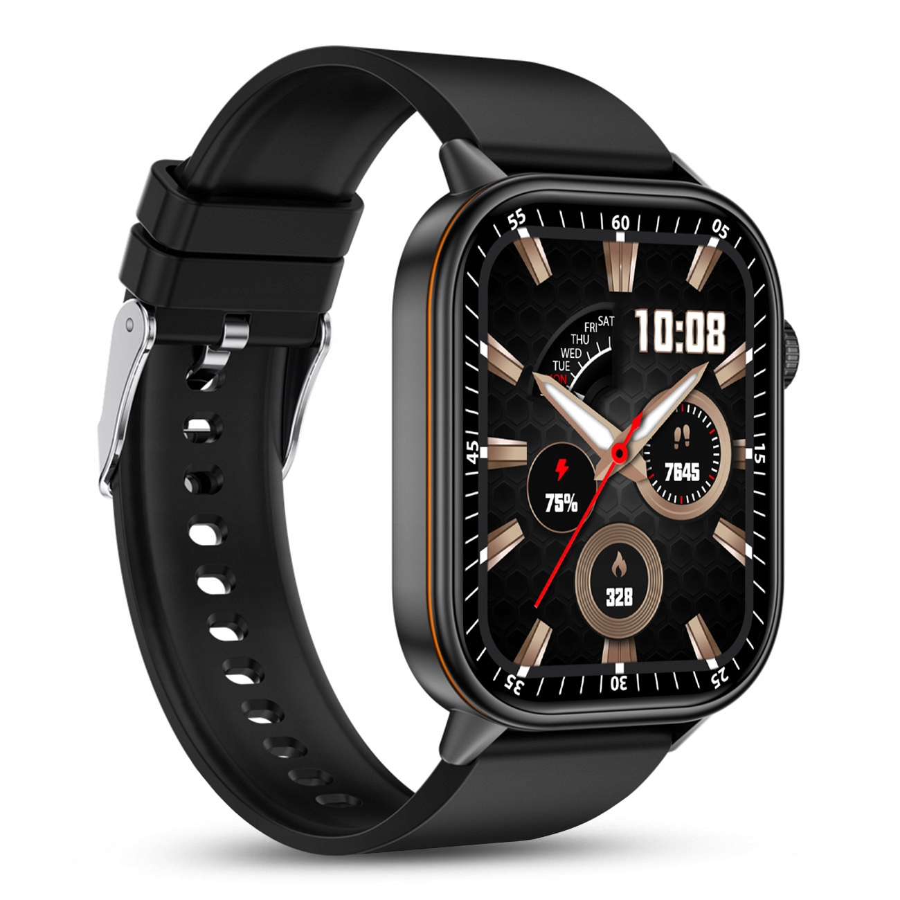 Czarny smartwatch z pomarańczową ramką, pokazujący 10:08.