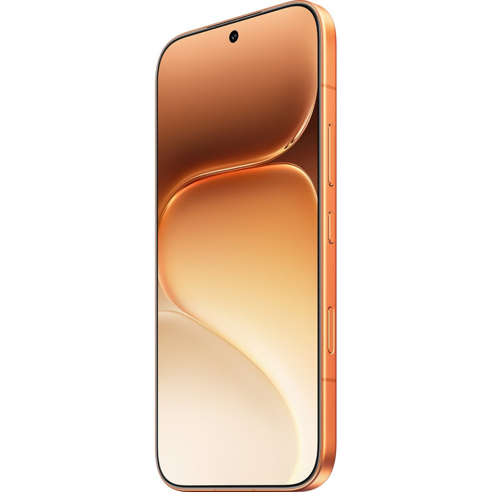 Pomarańczowy smartfon z zaokrąglonymi rogami i wcięciem na ekranie.