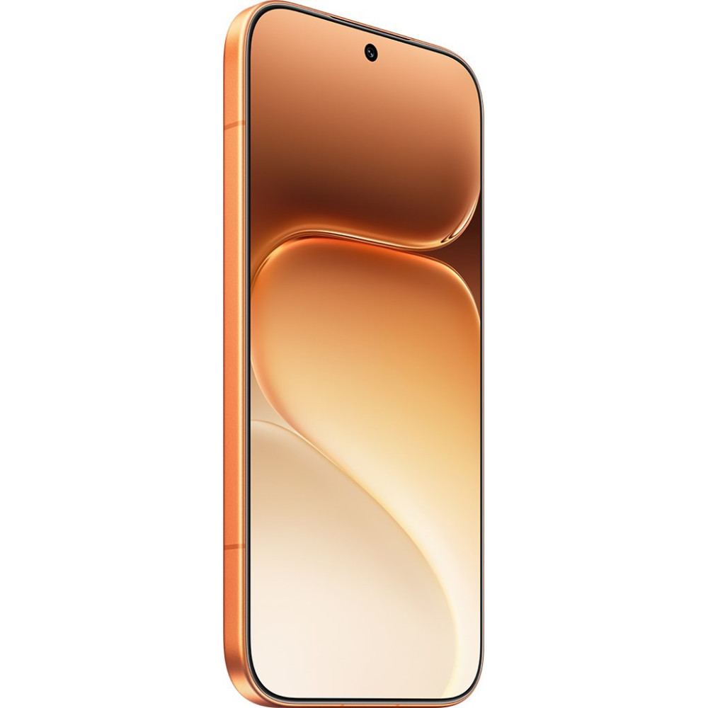 Miedziany smartfon z zaokrąglonymi rogami i małym otworem na aparat.