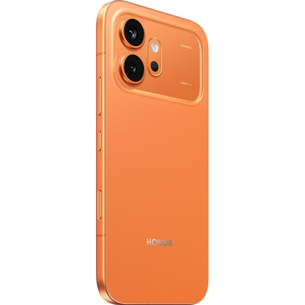 Pomarańczowy smartfon z dwoma aparatami i logo HONOR.