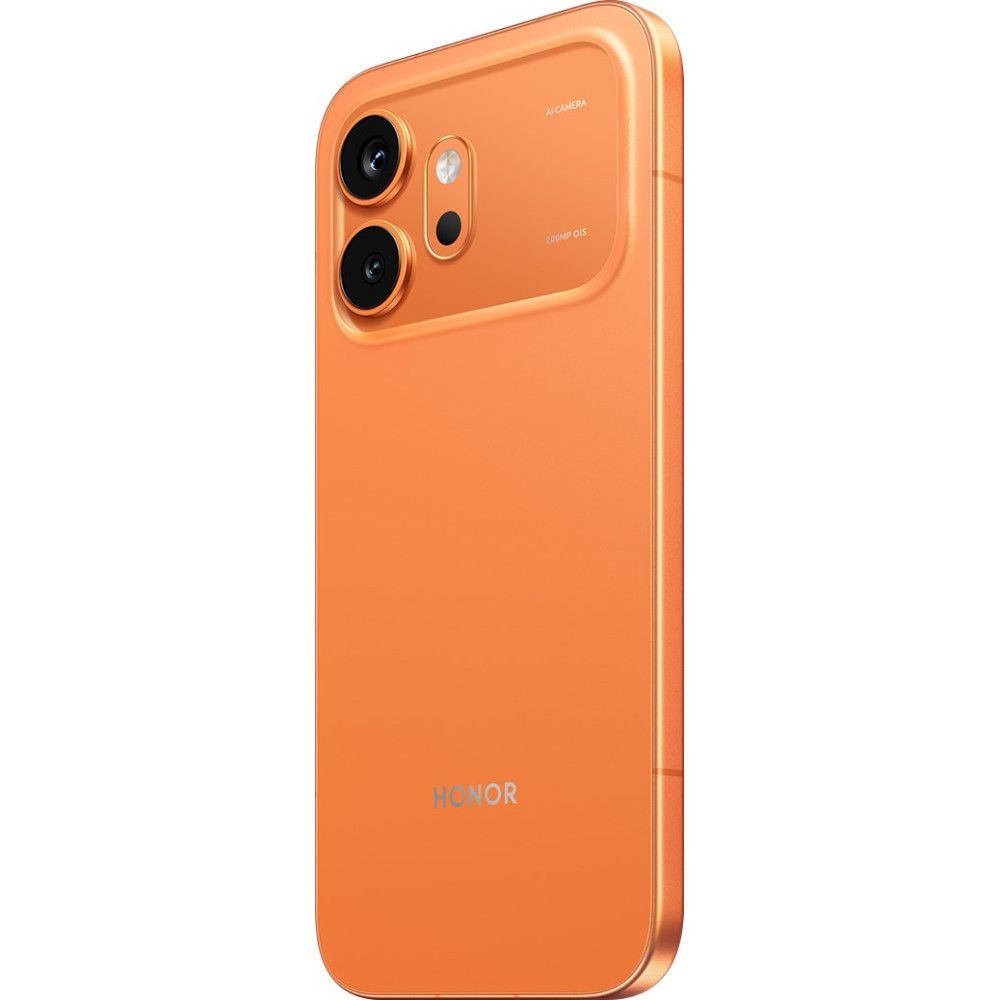 Pomarańczowy smartfon Honor z podwójnym aparatem i lampą błyskową z tyłu.