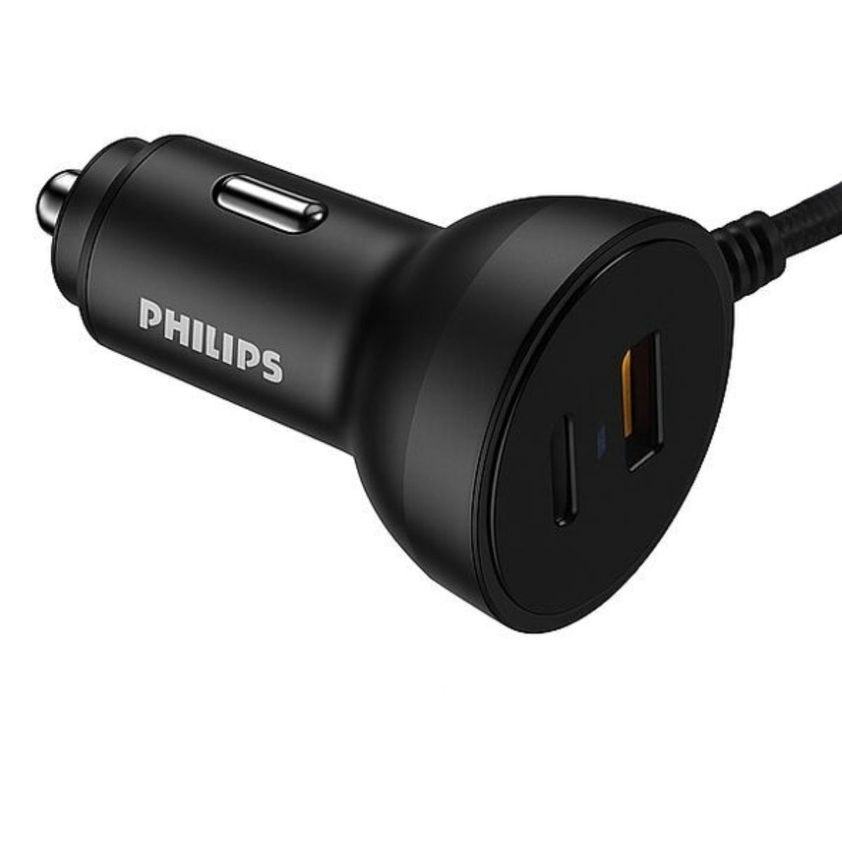 Zwarte Philips auto-oplader adapter met twee USB-poorten.