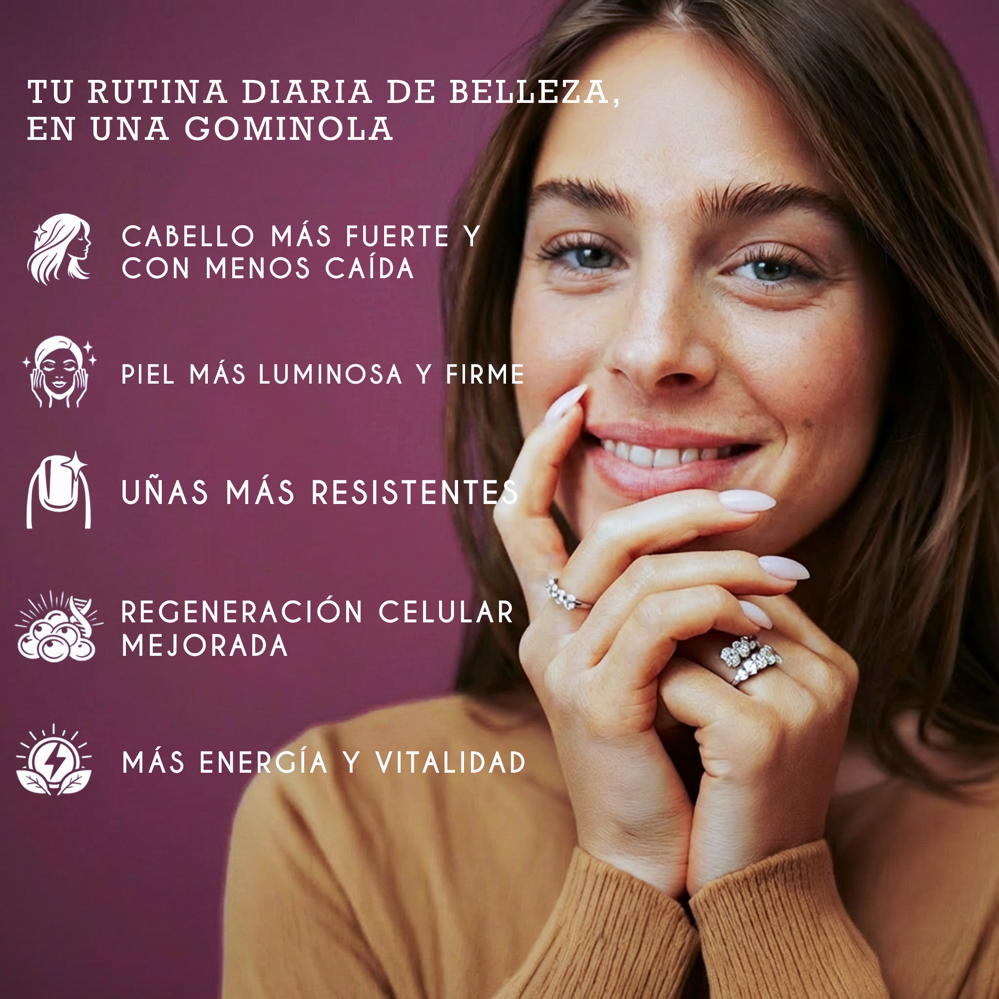 Mujer con joyas, informando sobre su rutina diaria de belleza.
