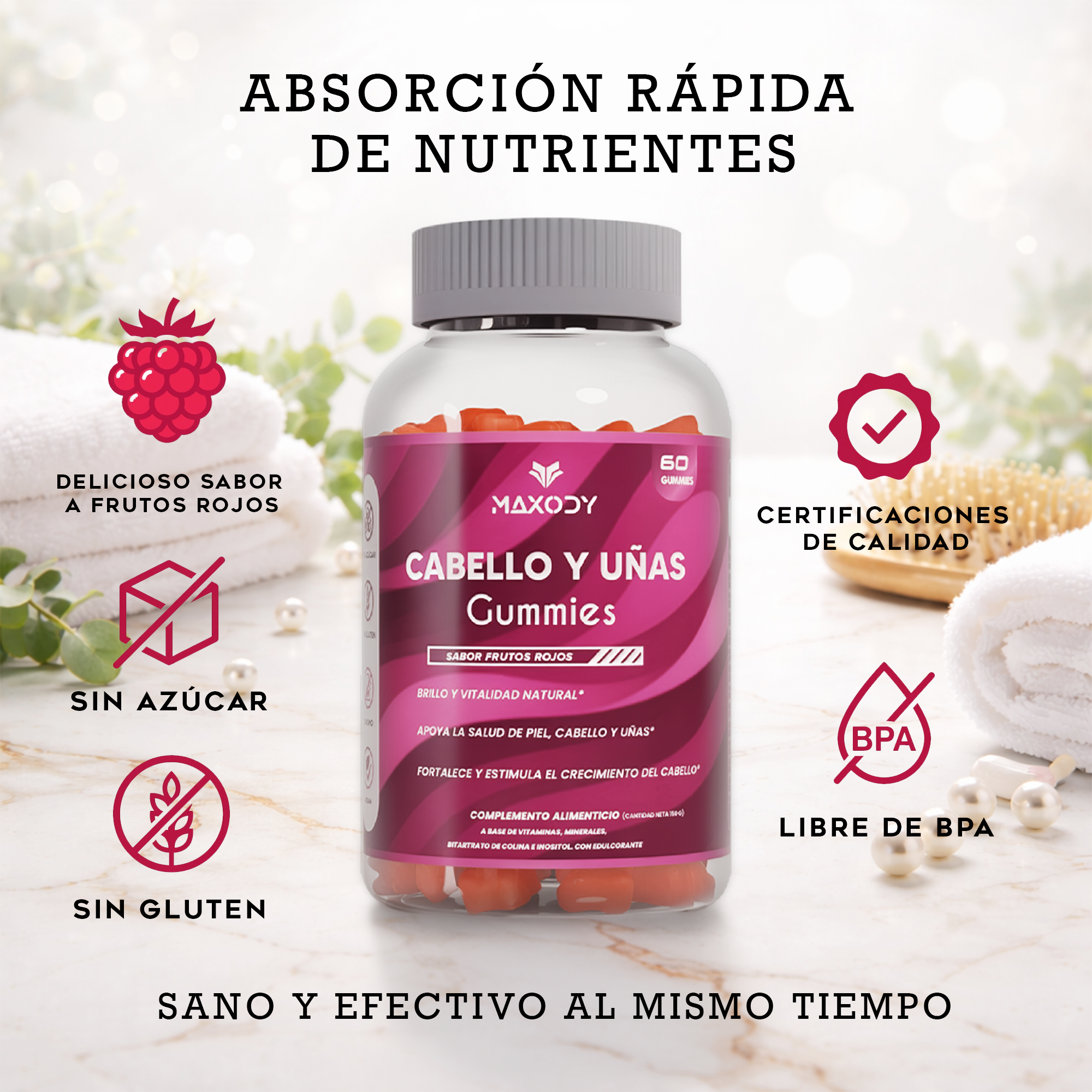 Botella de gomitas rojas para cabello y uñas, sabor a frutos rojos, sin azúcar.