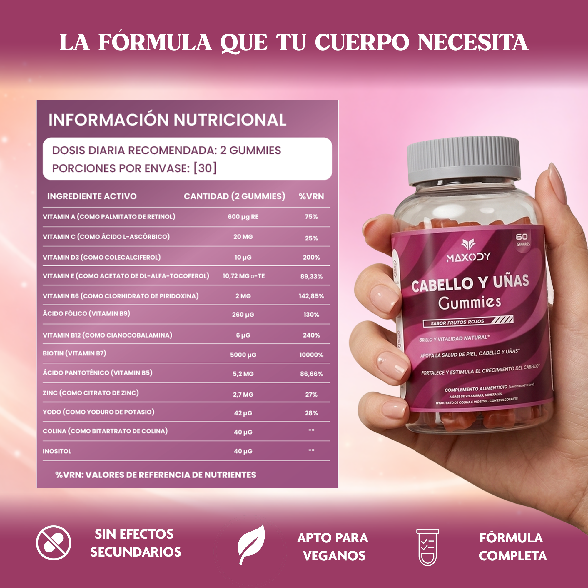 Botella de gomitas rojas para cabello y uñas, junto a una tabla de información nutricional.