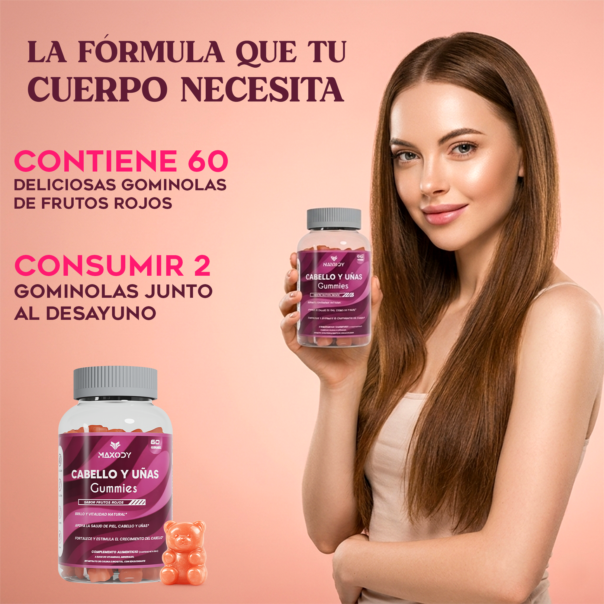Una mujer sostiene una botella de gomitas para cabello y uñas sabor frutos rojos.