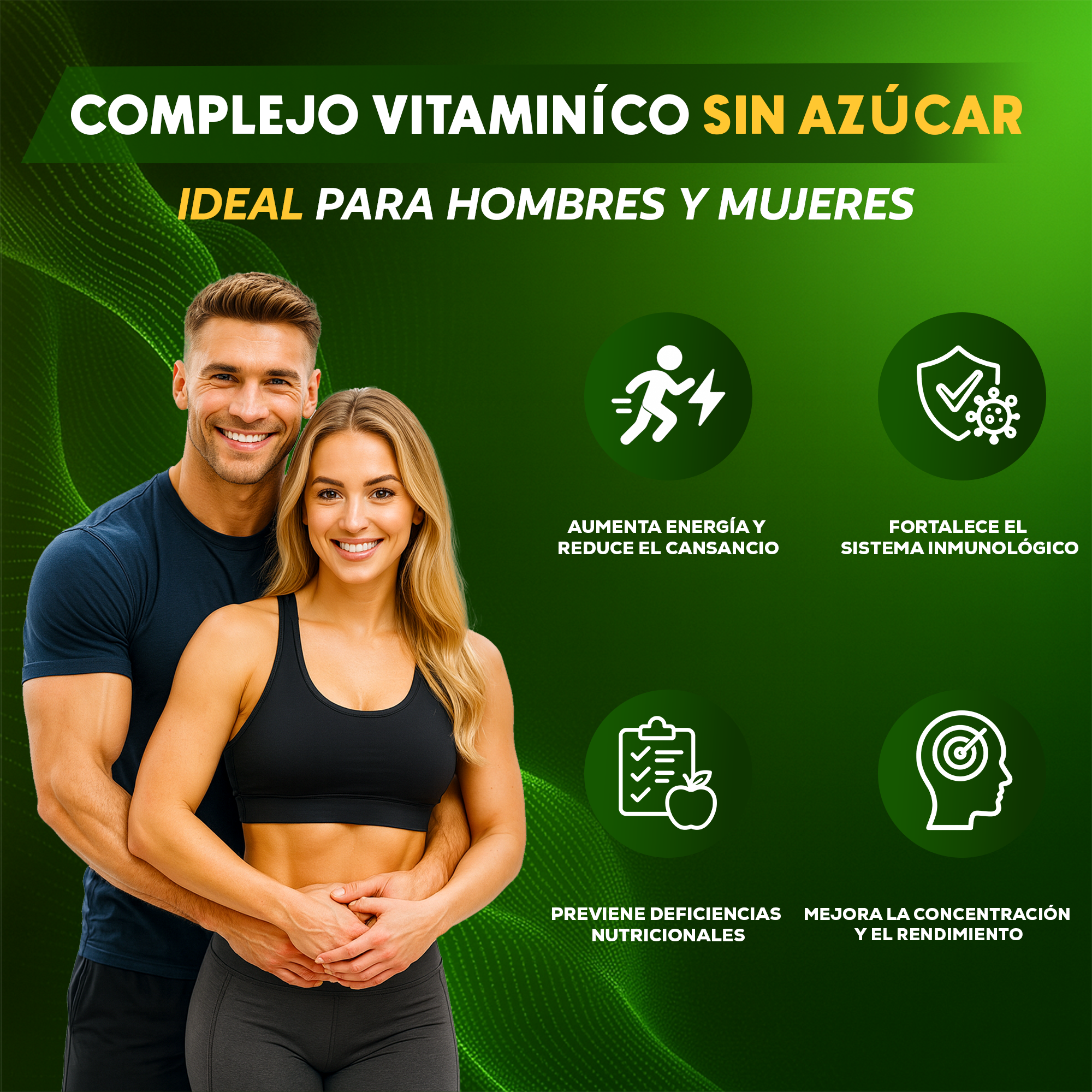 Un hombre y una mujer se abrazan sobre un fondo verde con iconos.
