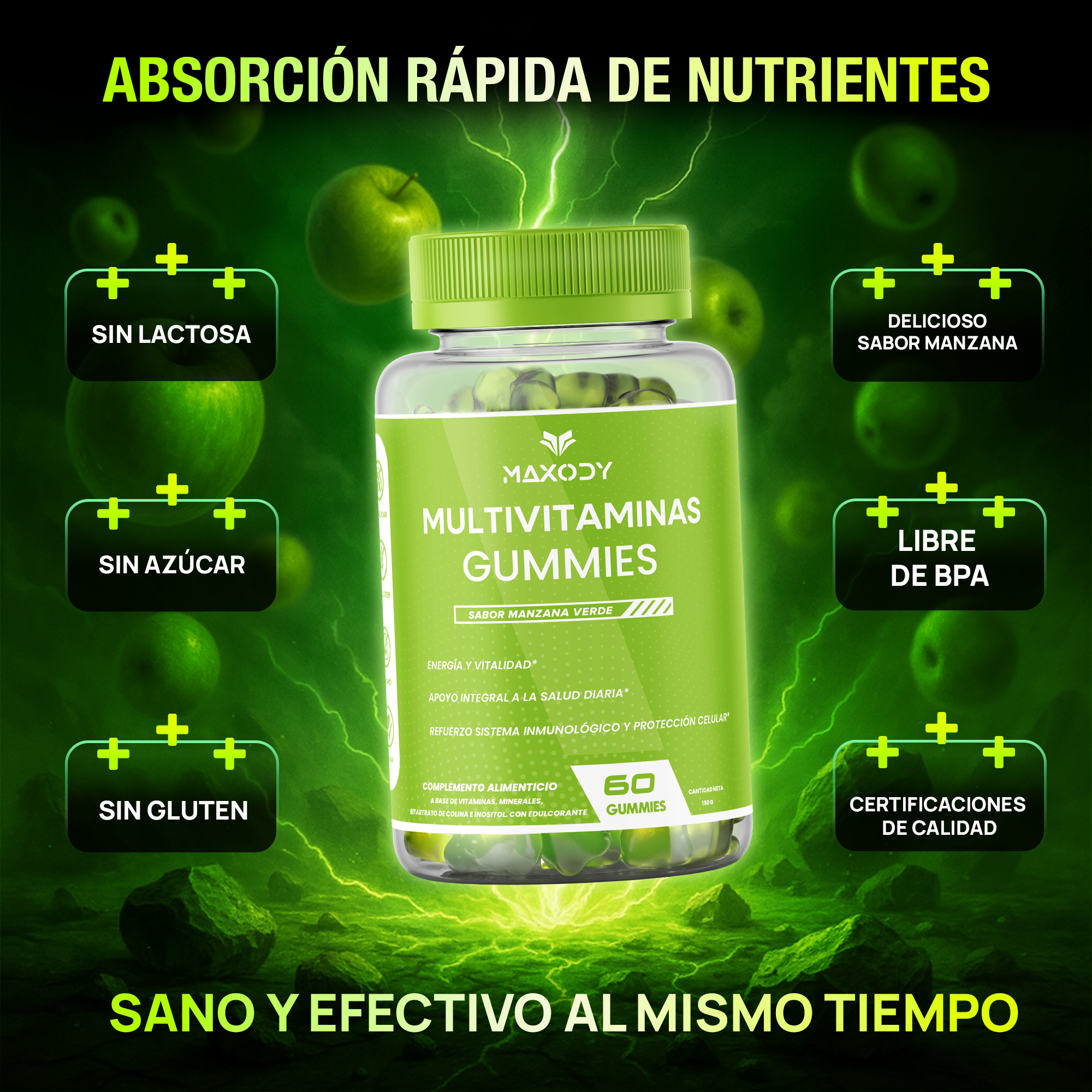 Botella de gomitas multivitamínicas de manzana verde, sin lactosa, azúcar, BPA.