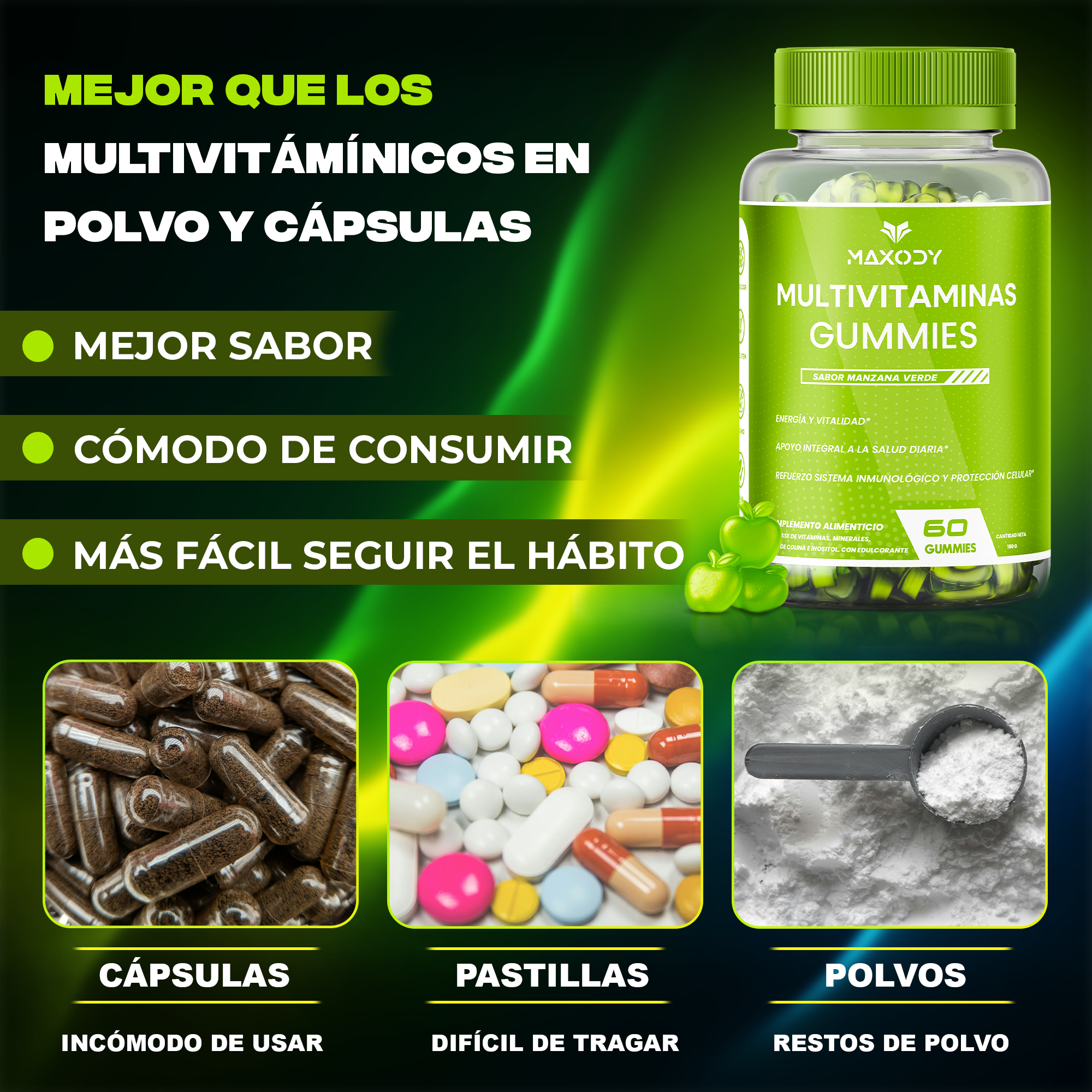 Imagen del producto de gomitas multivitamínicas sabor manzana, cápsulas, pastillas y polvo.