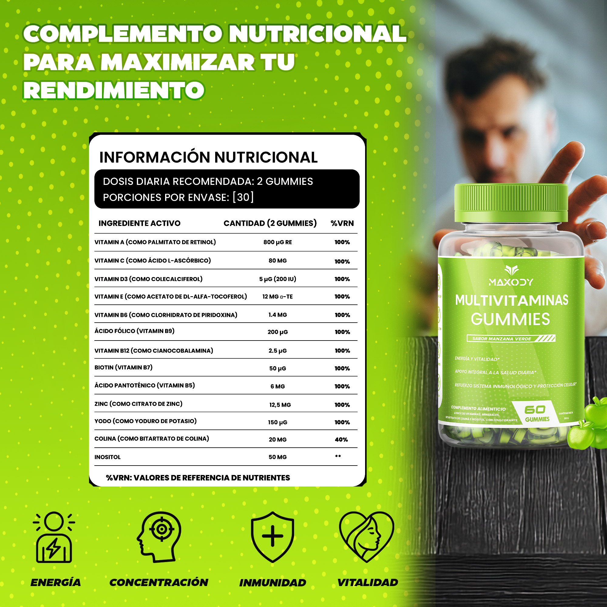 Botella de gomitas multivitamínicas con información nutricional e iconos de energía, concentración, inmunidad, vitalidad.