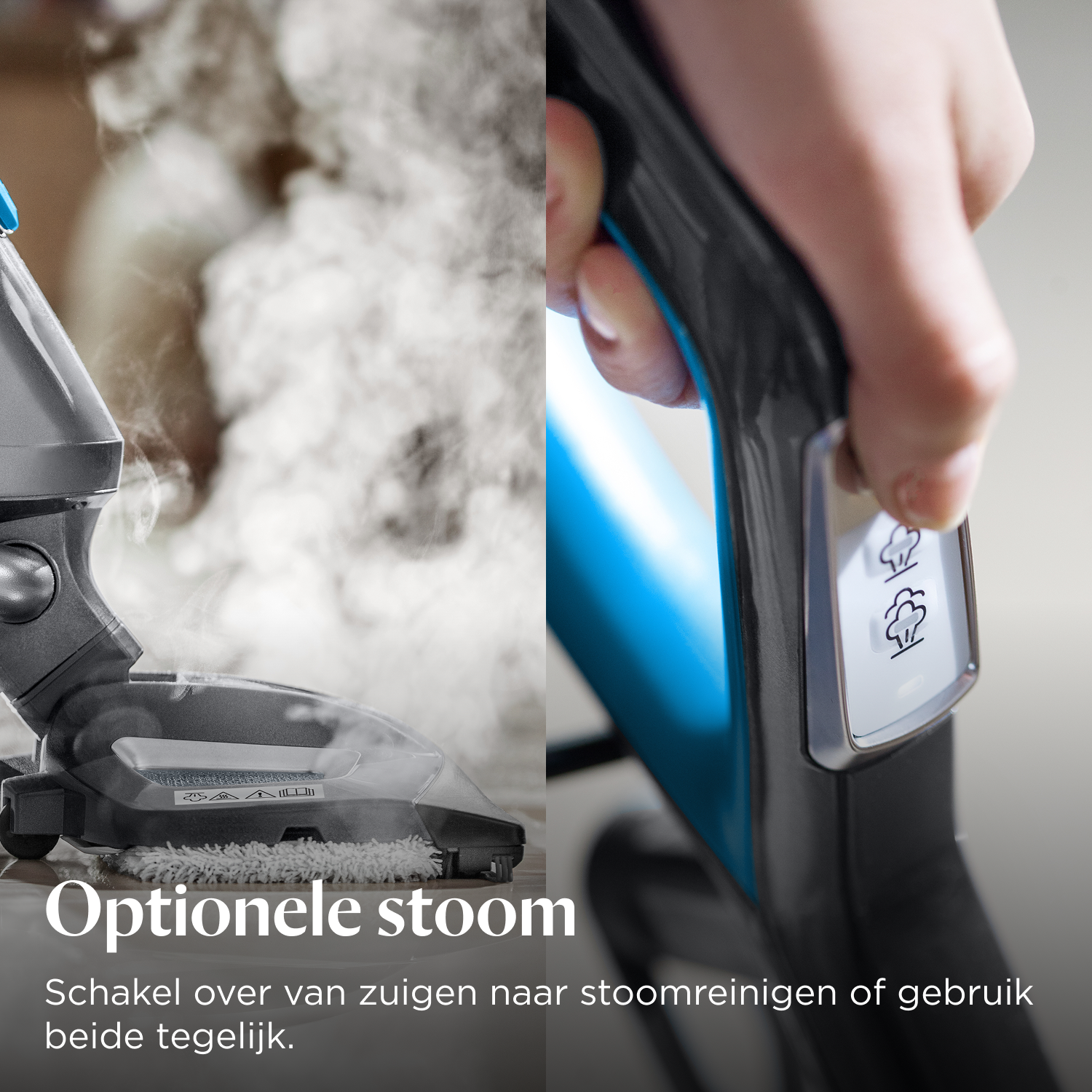 Ein Dampfreiniger saugt und dampft. Eine Hand bedient einen Knopf.