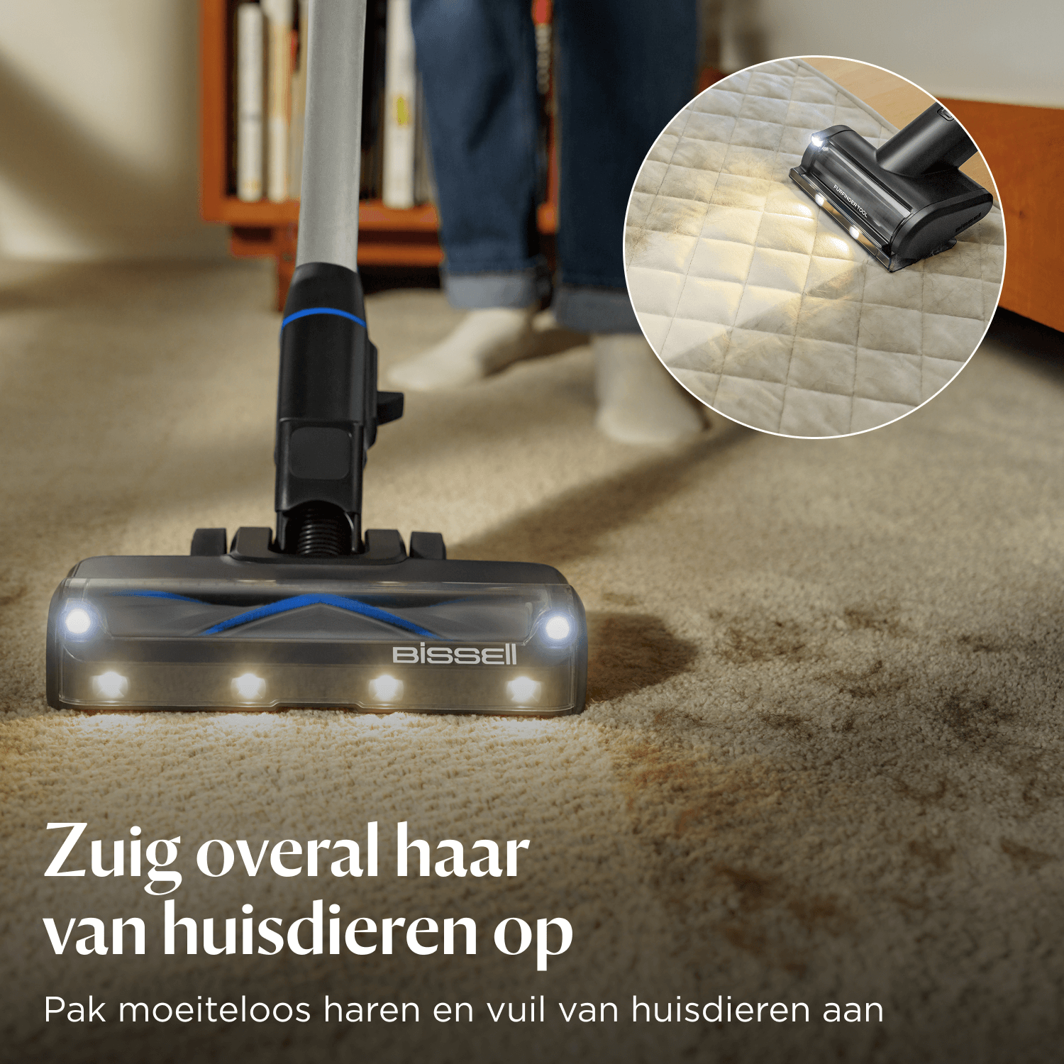 A vacuum cleaner head with lights cleans a carpet.