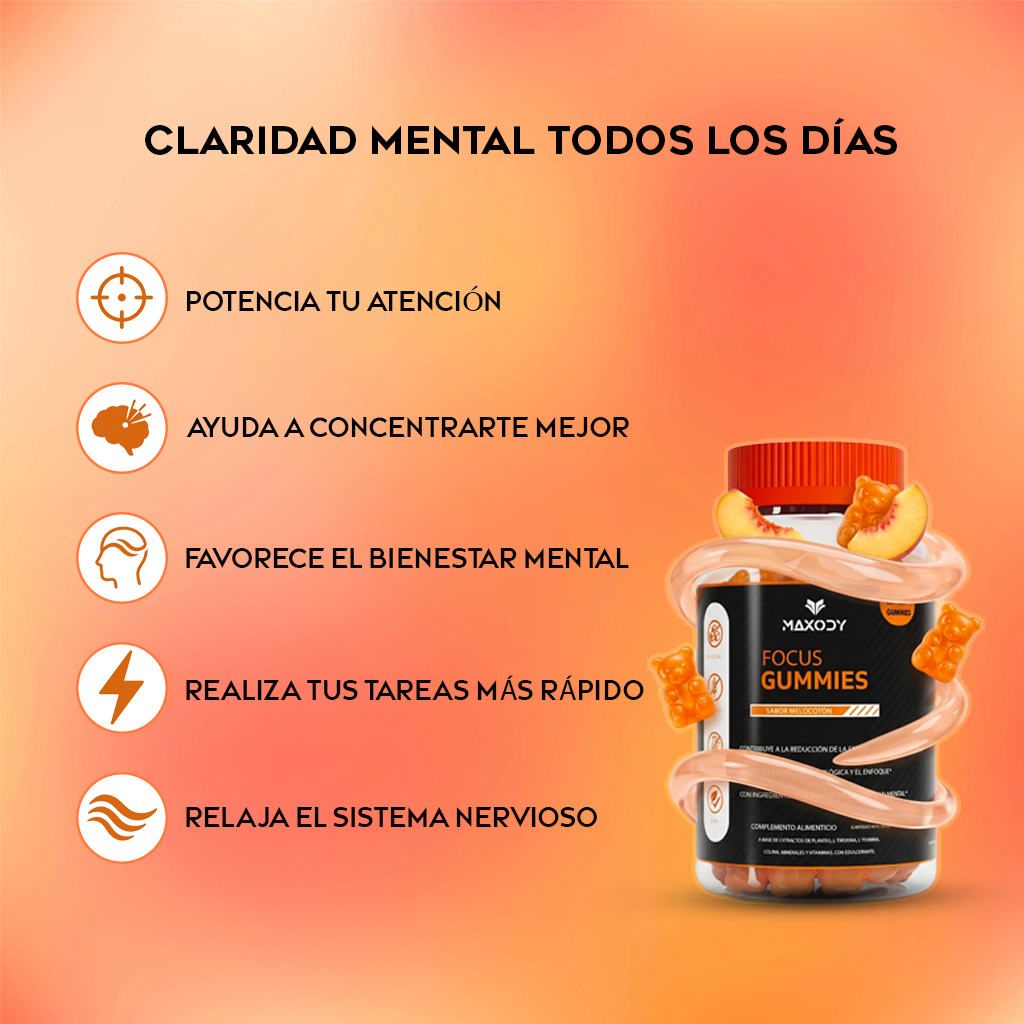 Bote de gominolas de enfoque con trozos de melocotón, con iconos de claridad mental.