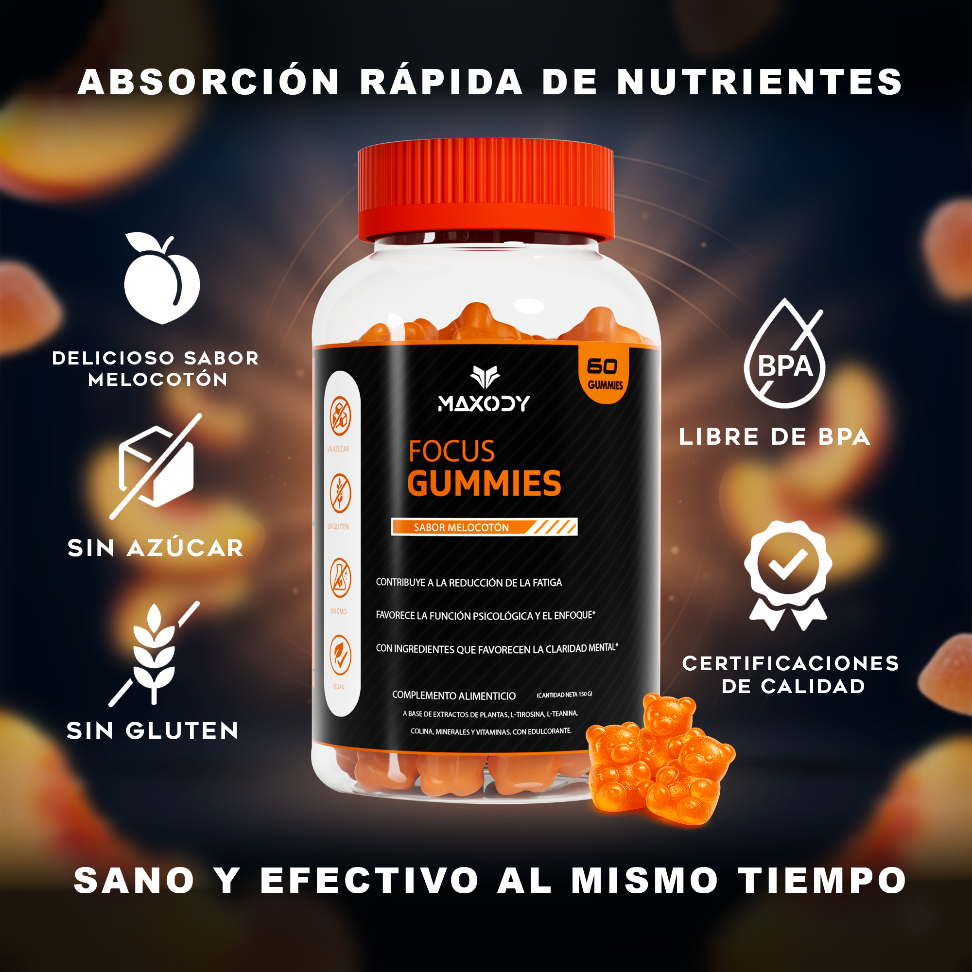 Botella de gomitas Focus con iconos de melocotón, sin BPA, sin gluten, vegano.