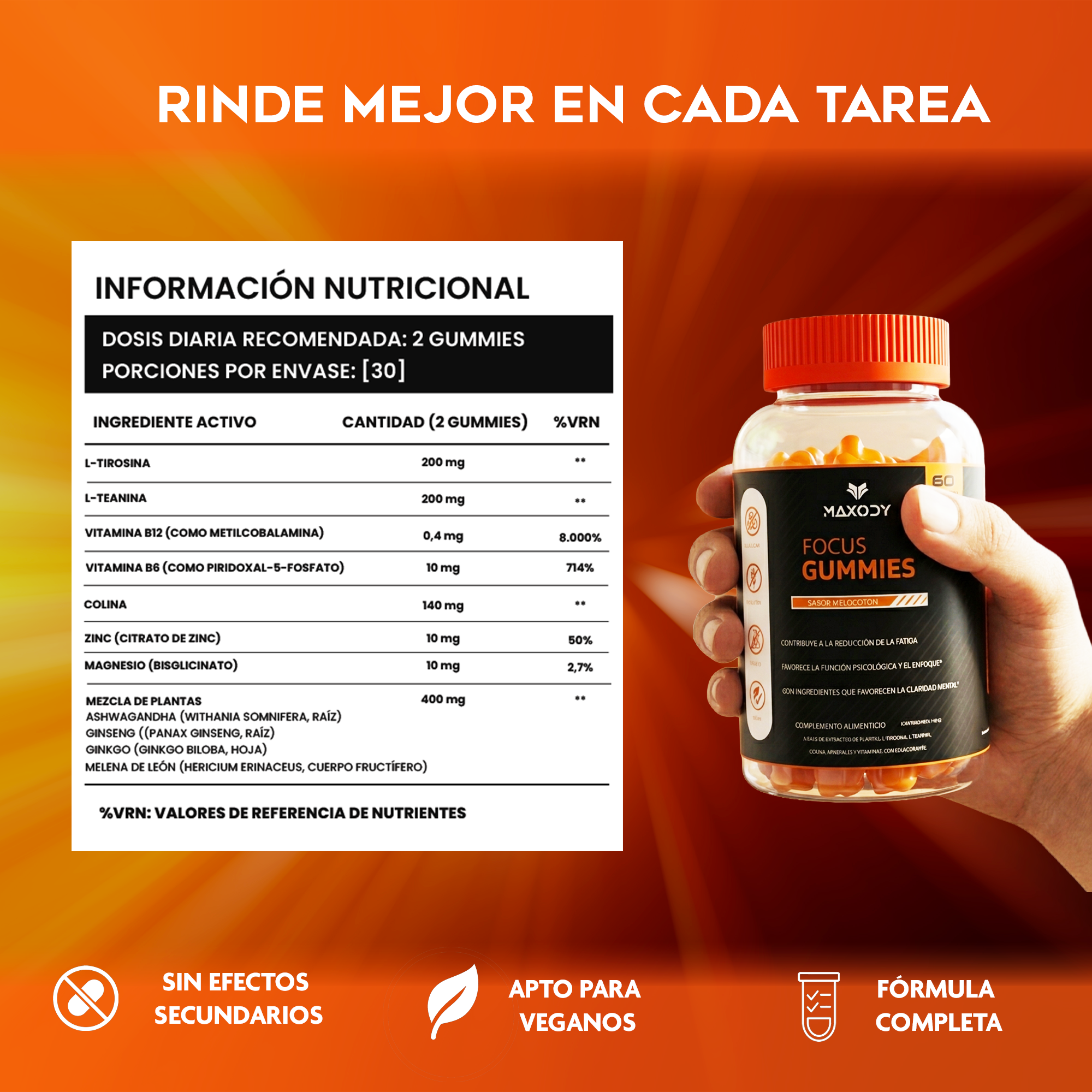 Botella de Maxody Focus Gummies con info nutricional y texto 'Rinde Mejor En Cada Tarea'.