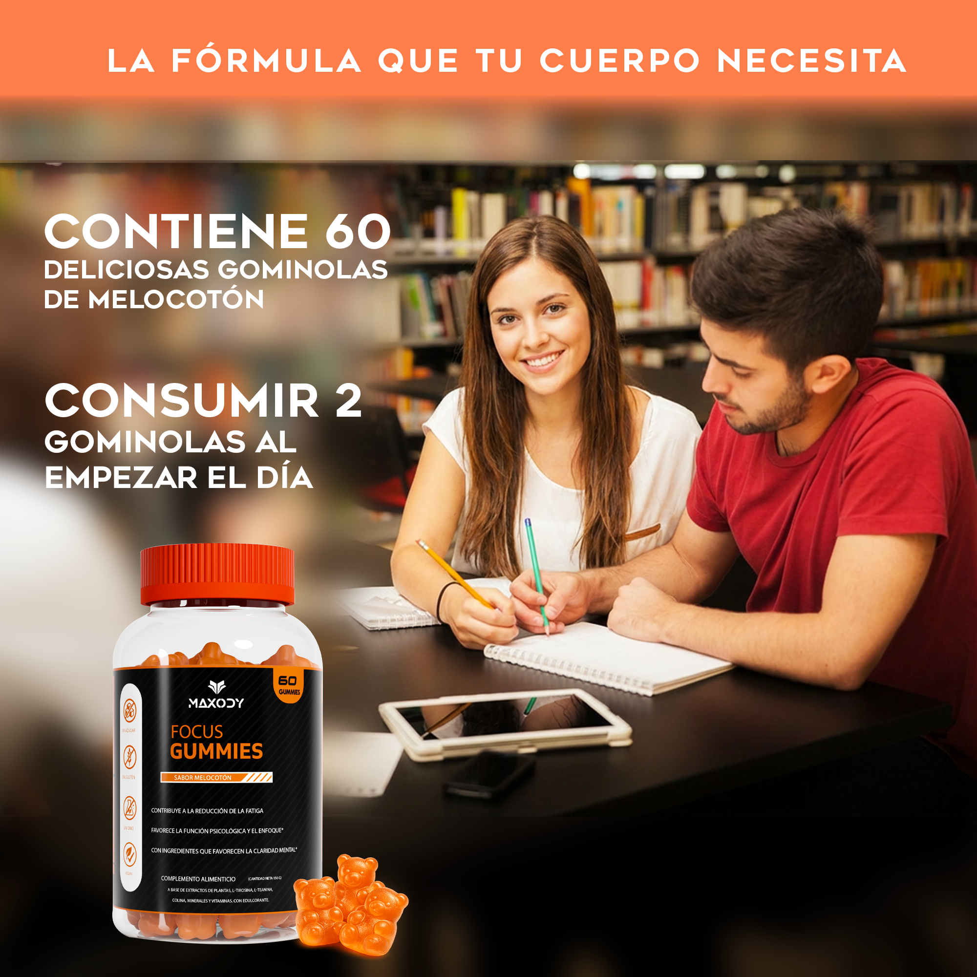 Una pareja estudia, una botella de Focus Gummies está cerca.