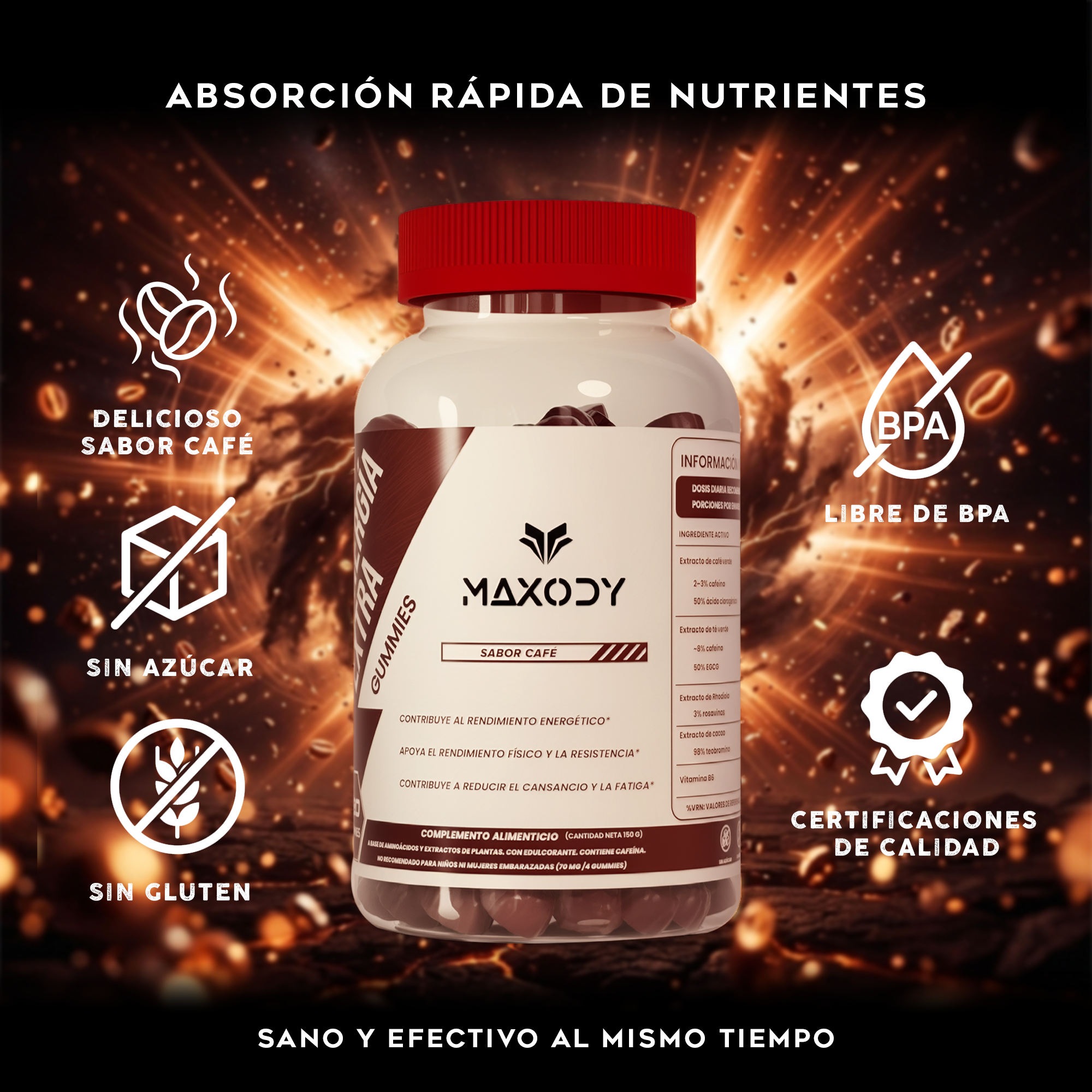 Imagen del producto con botella, iconos de café y texto sobre nutrientes.