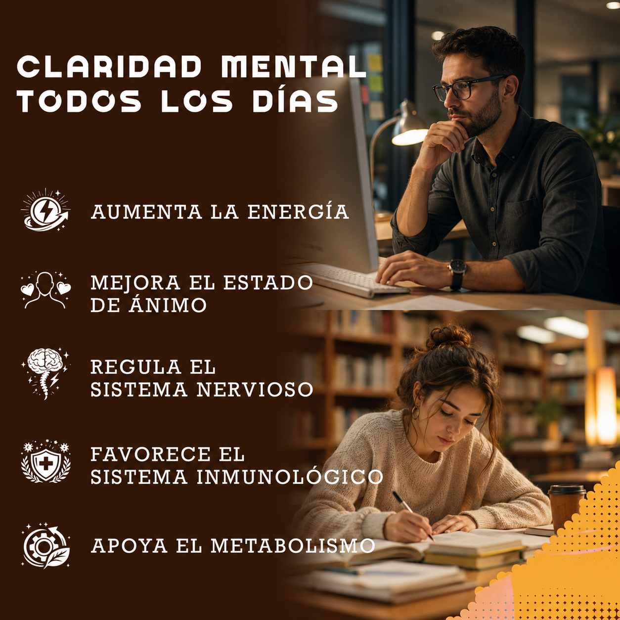Hombre en computadora, mujer estudiando. Beneficios: energía, ánimo, nervios, inmunidad.