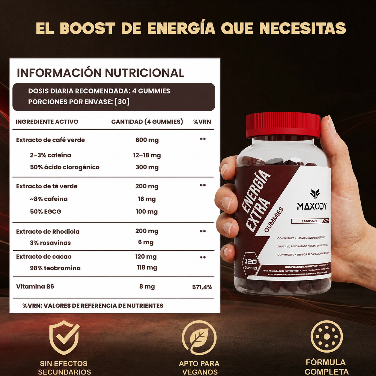 Se muestra una botella de gomitas sabor café con información nutricional.