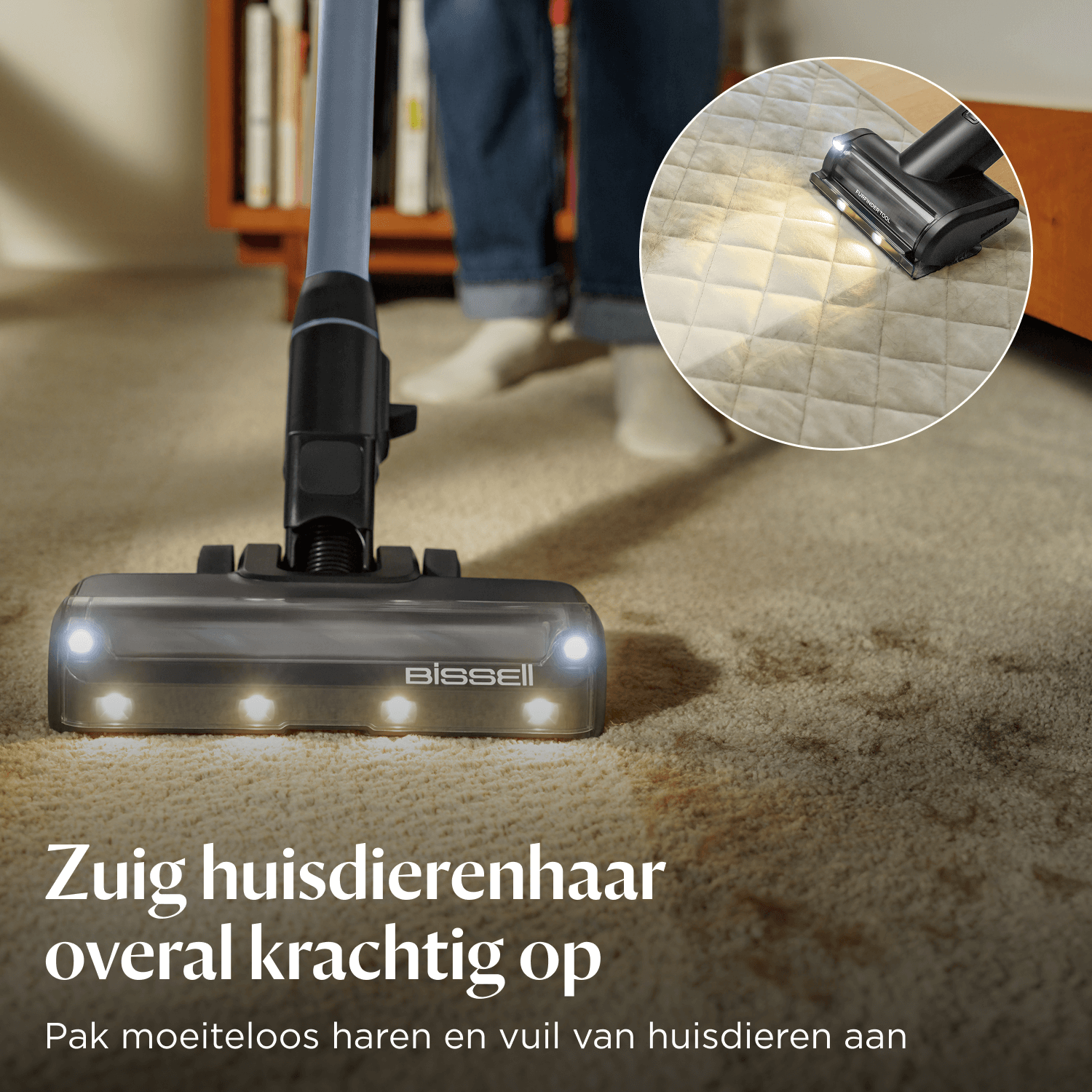 Bissell vacuum cleaner cleans carpet with lights. Close up of the head.