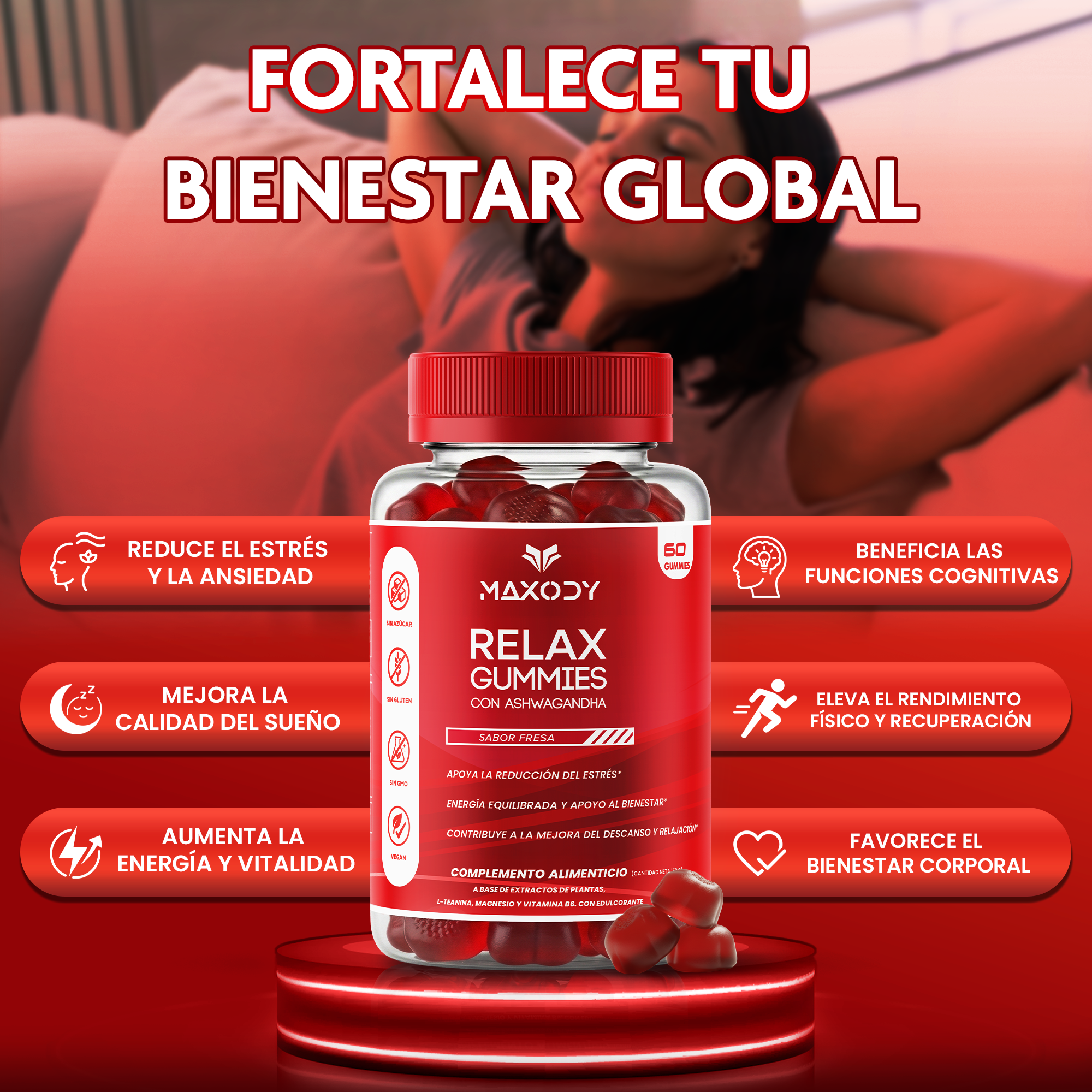 Imagen del producto: Maxody Relax Gummies sabor fresa, resaltando beneficios para estrés, sueño, energía, cognición.