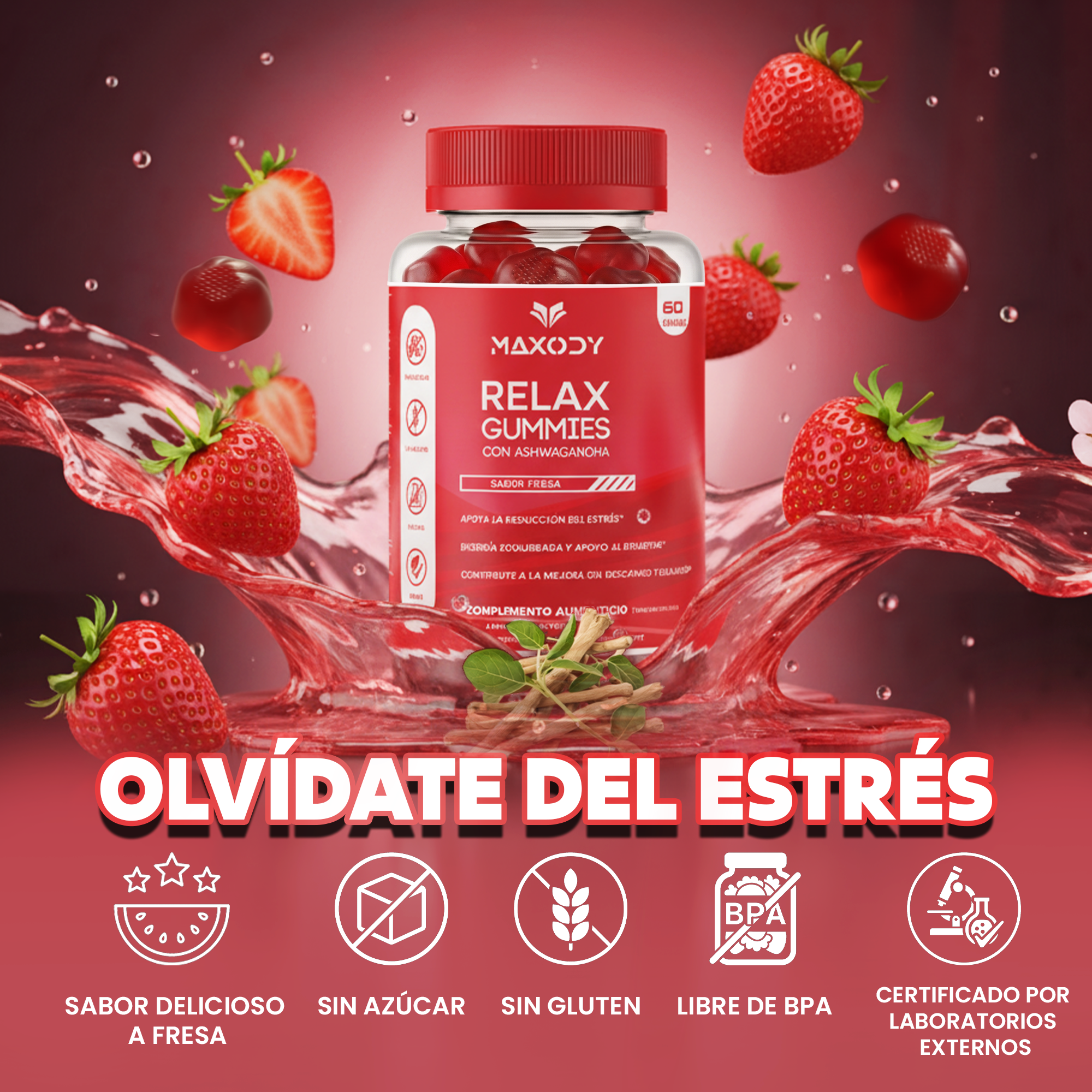 Botella de gomitas rojas rodeada de fresas y líquido salpicando.