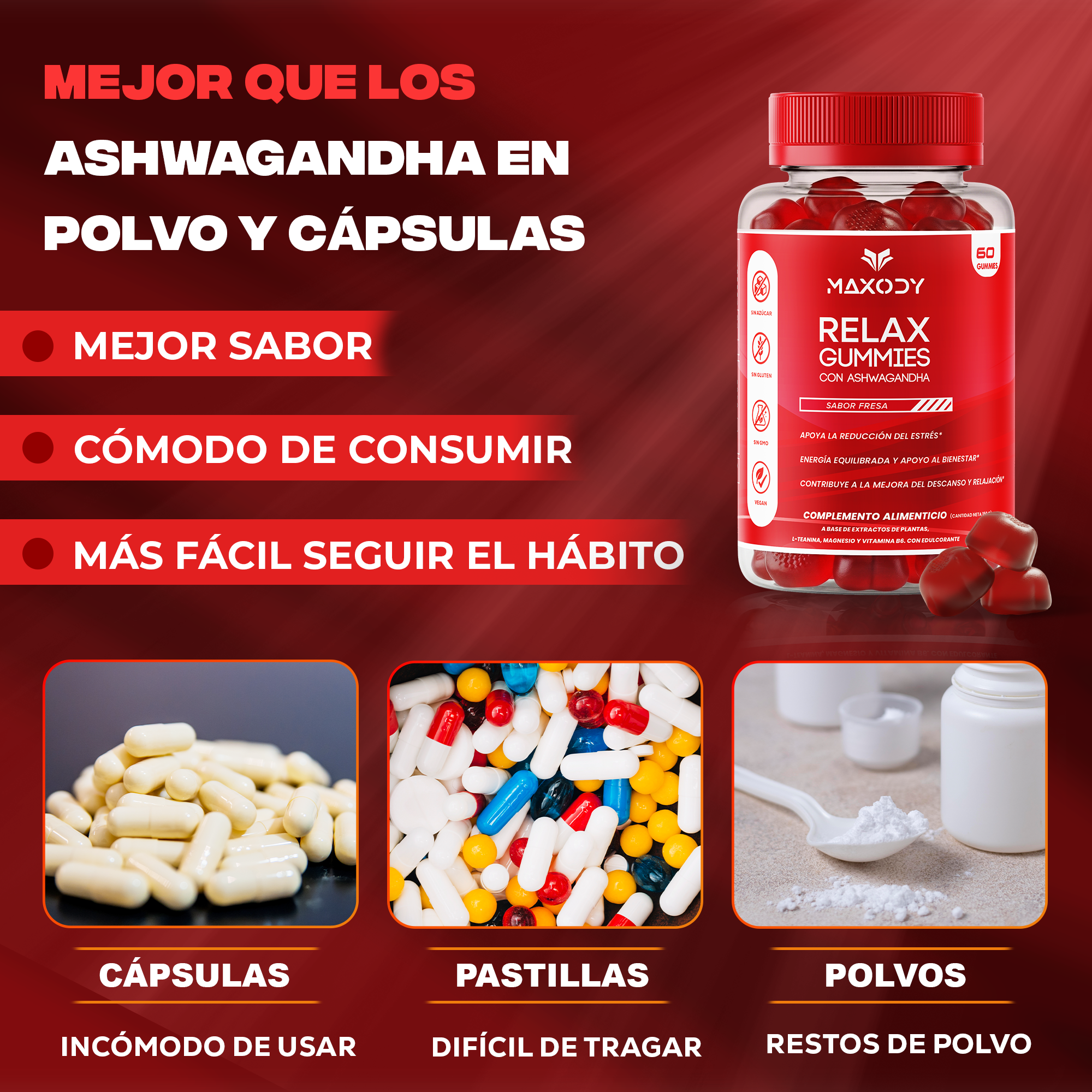 Anuncio de producto de gomitas, cápsulas y polvos de Ashwagandha.